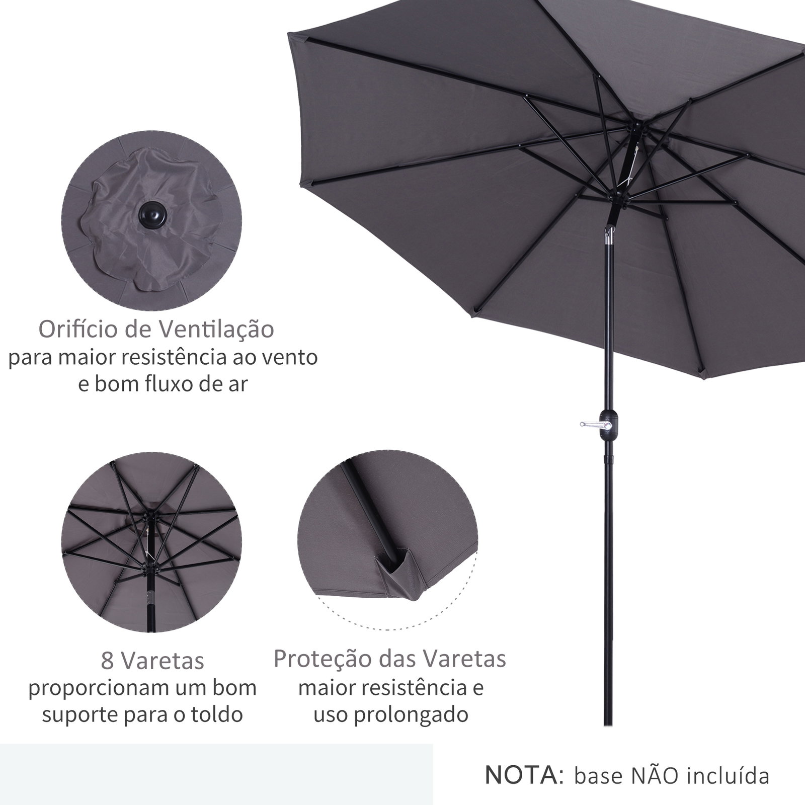 Chapéu de sol de jardim ø295x250cm com manivela chapéu de sol exterior com mecanismo de inclinação e mastro desmontável de metal para terraço piscina pátio cinza escuro