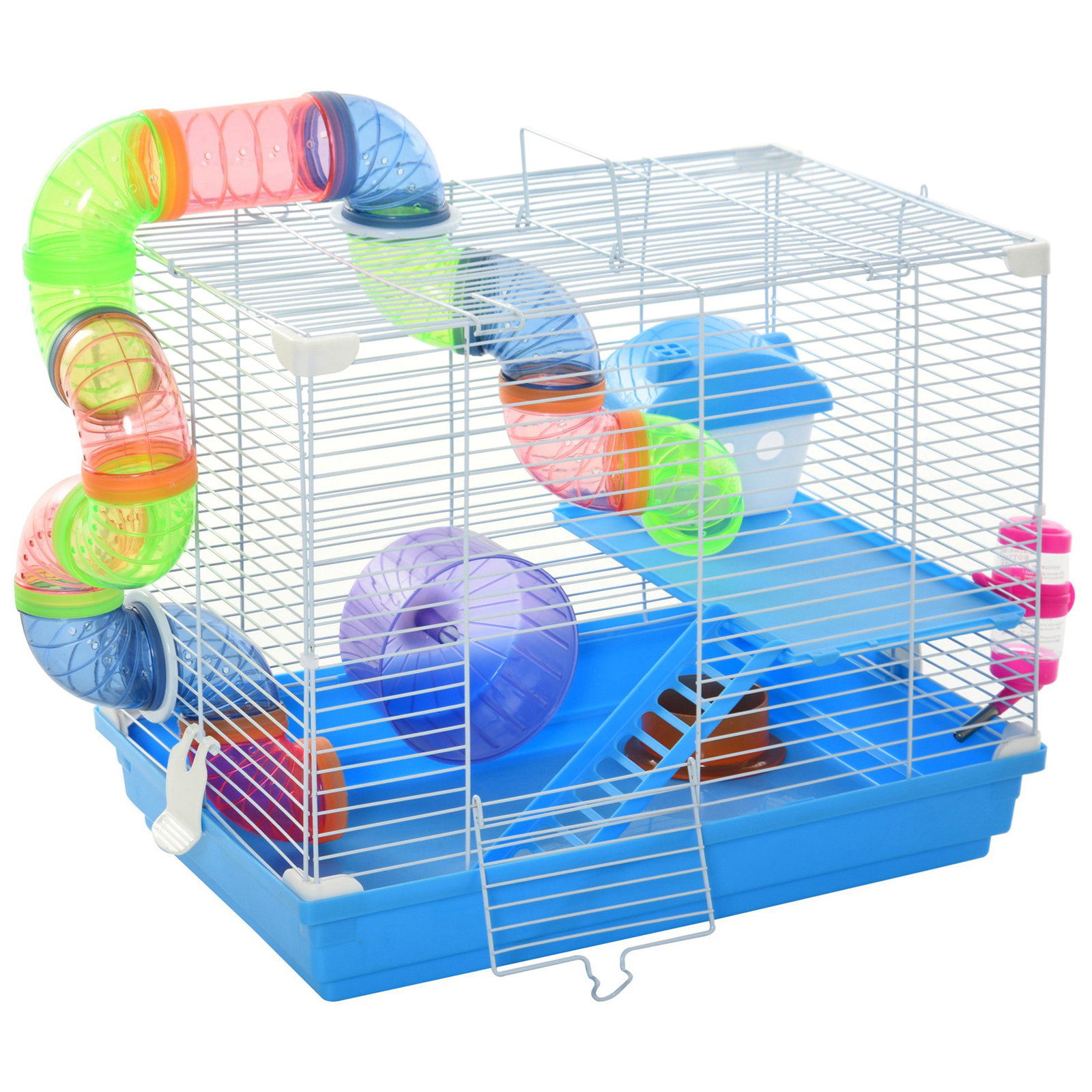 Gaiola para hamster, casa para hamster com túnel, comedouro, bebedouro, casinha, rampa, roda de exercício, plataforma e alça, bandeja removível, para ratos e gerbos, 46x30x37 cm, azul