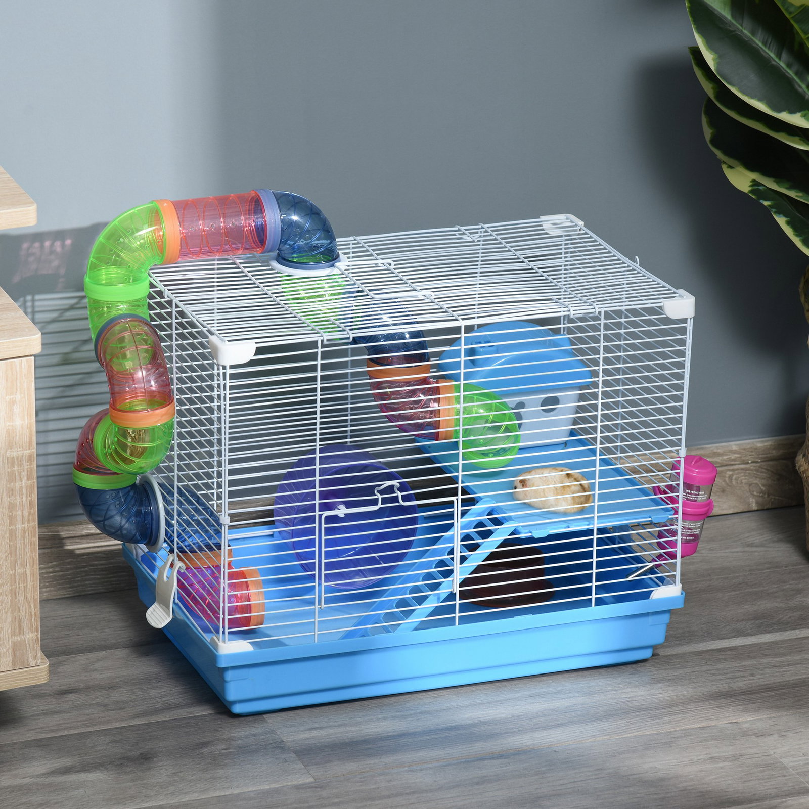 Gaiola para hamster, casa para hamster com túnel, comedouro, bebedouro, casinha, rampa, roda de exercício, plataforma e alça, bandeja removível, para ratos e gerbos, 46x30x37 cm, azul