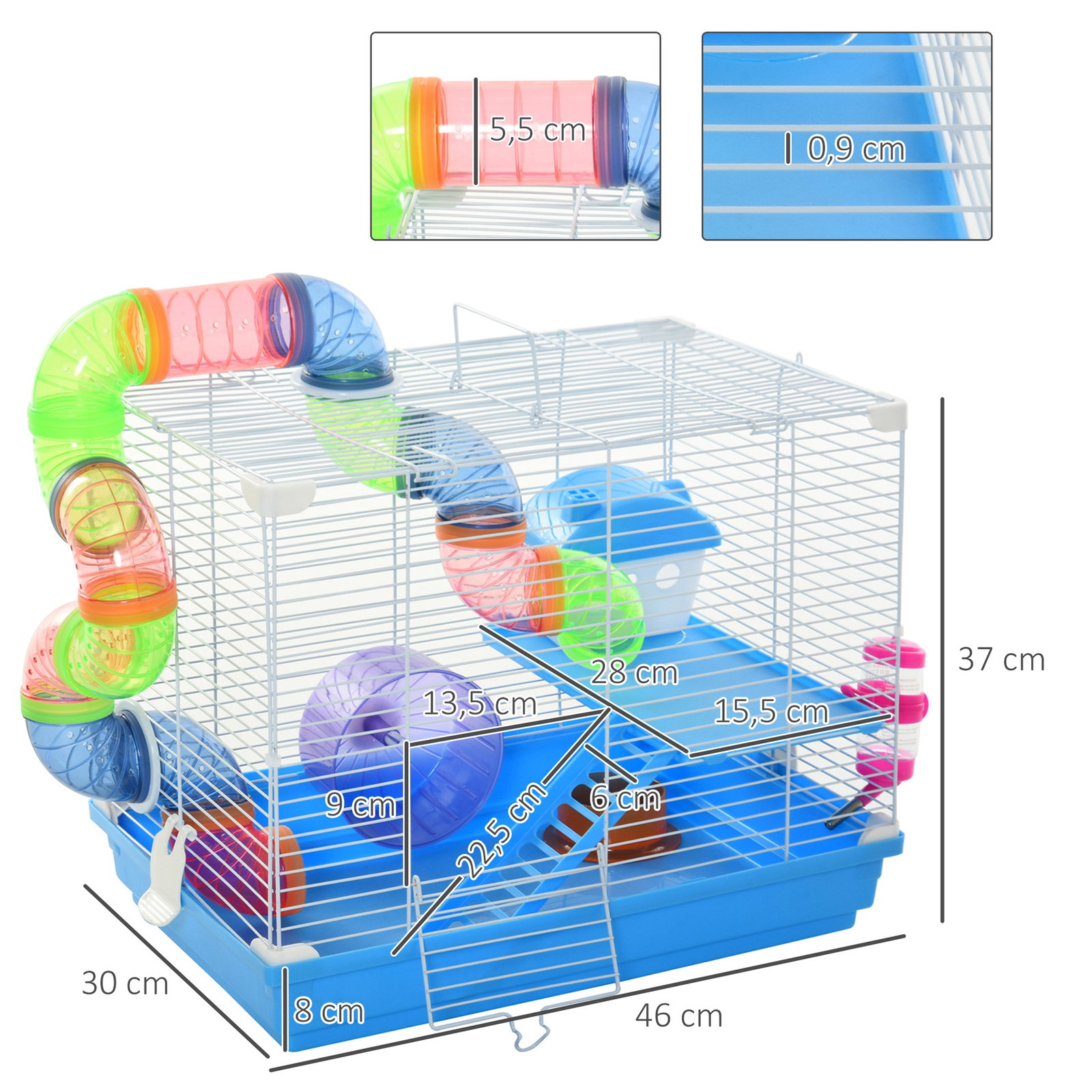 Gaiola para hamster, casa para hamster com túnel, comedouro, bebedouro, casinha, rampa, roda de exercício, plataforma e alça, bandeja removível, para ratos e gerbos, 46x30x37 cm, azul