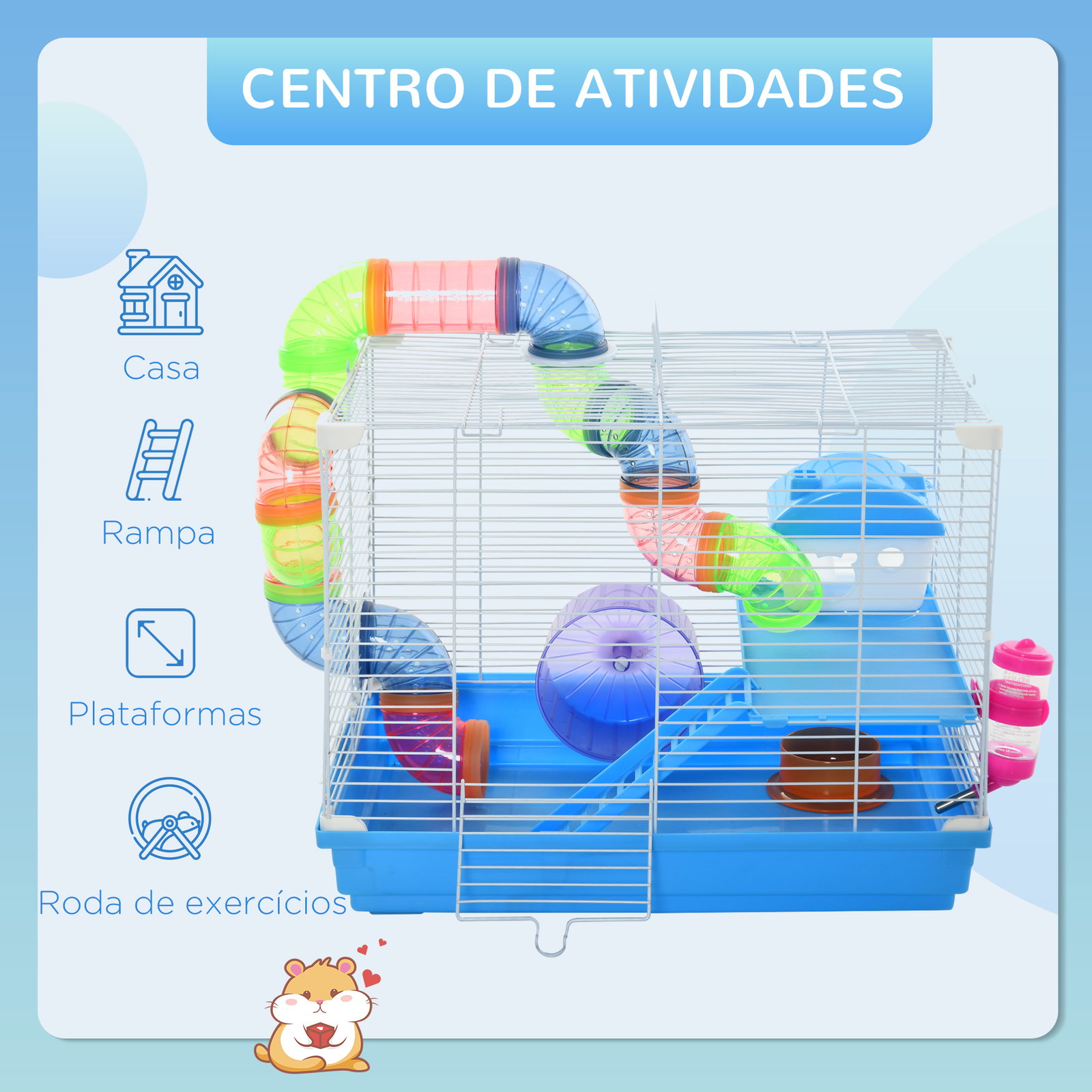 Gaiola para hamster, casa para hamster com túnel, comedouro, bebedouro, casinha, rampa, roda de exercício, plataforma e alça, bandeja removível, para ratos e gerbos, 46x30x37 cm, azul