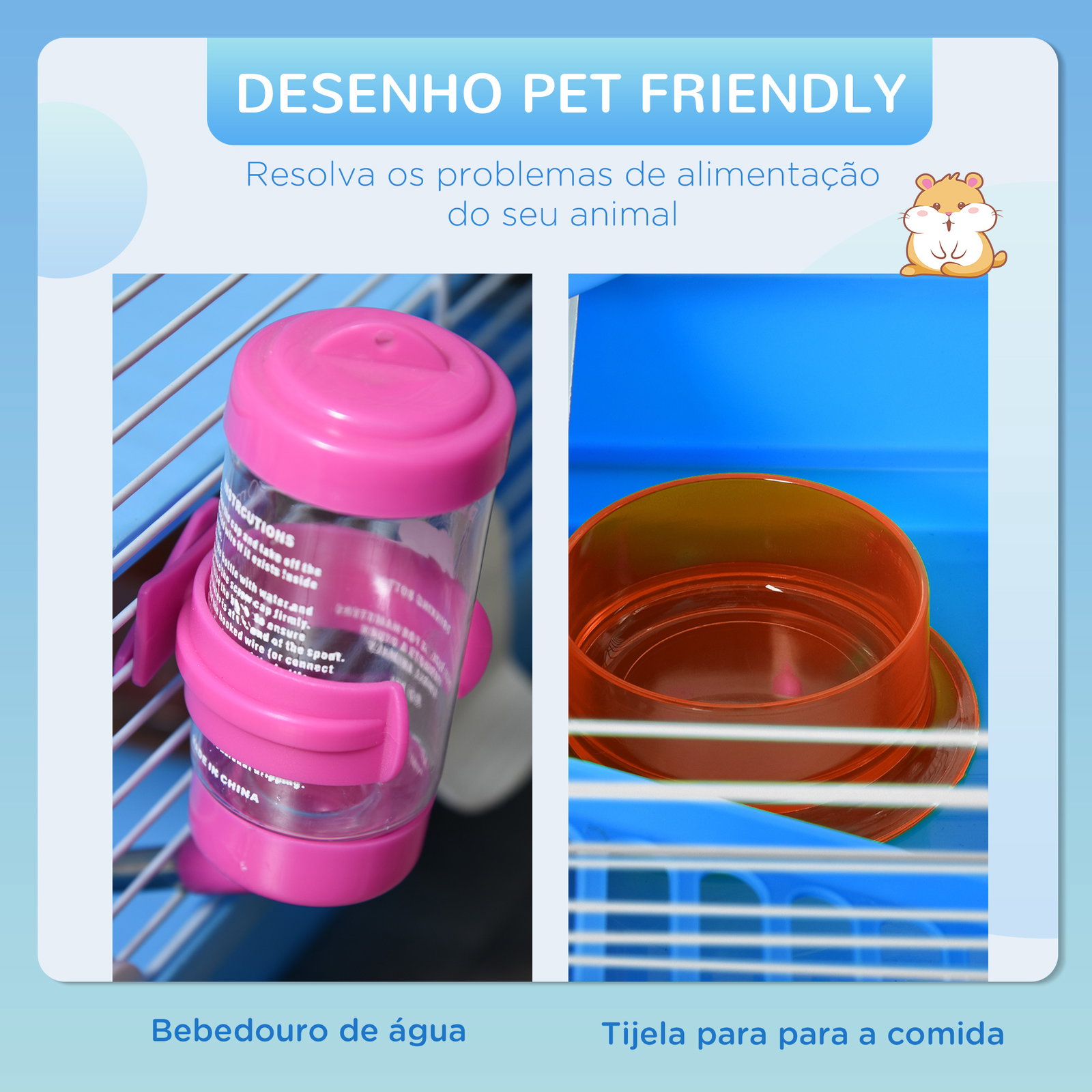 Gaiola para hamster, casa para hamster com túnel, comedouro, bebedouro, casinha, rampa, roda de exercício, plataforma e alça, bandeja removível, para ratos e gerbos, 46x30x37 cm, azul