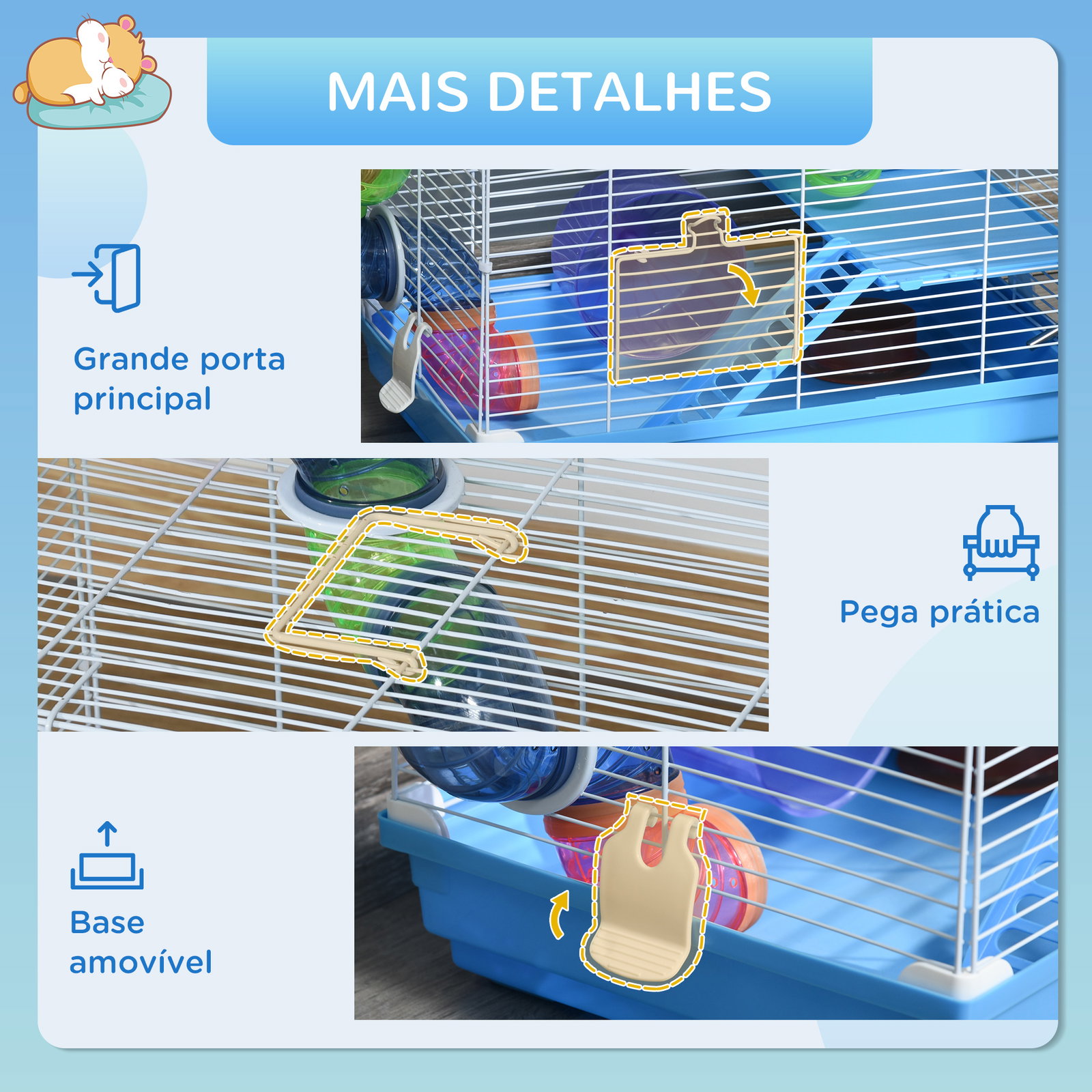 Gaiola para hamster, casa para hamster com túnel, comedouro, bebedouro, casinha, rampa, roda de exercício, plataforma e alça, bandeja removível, para ratos e gerbos, 46x30x37 cm, azul