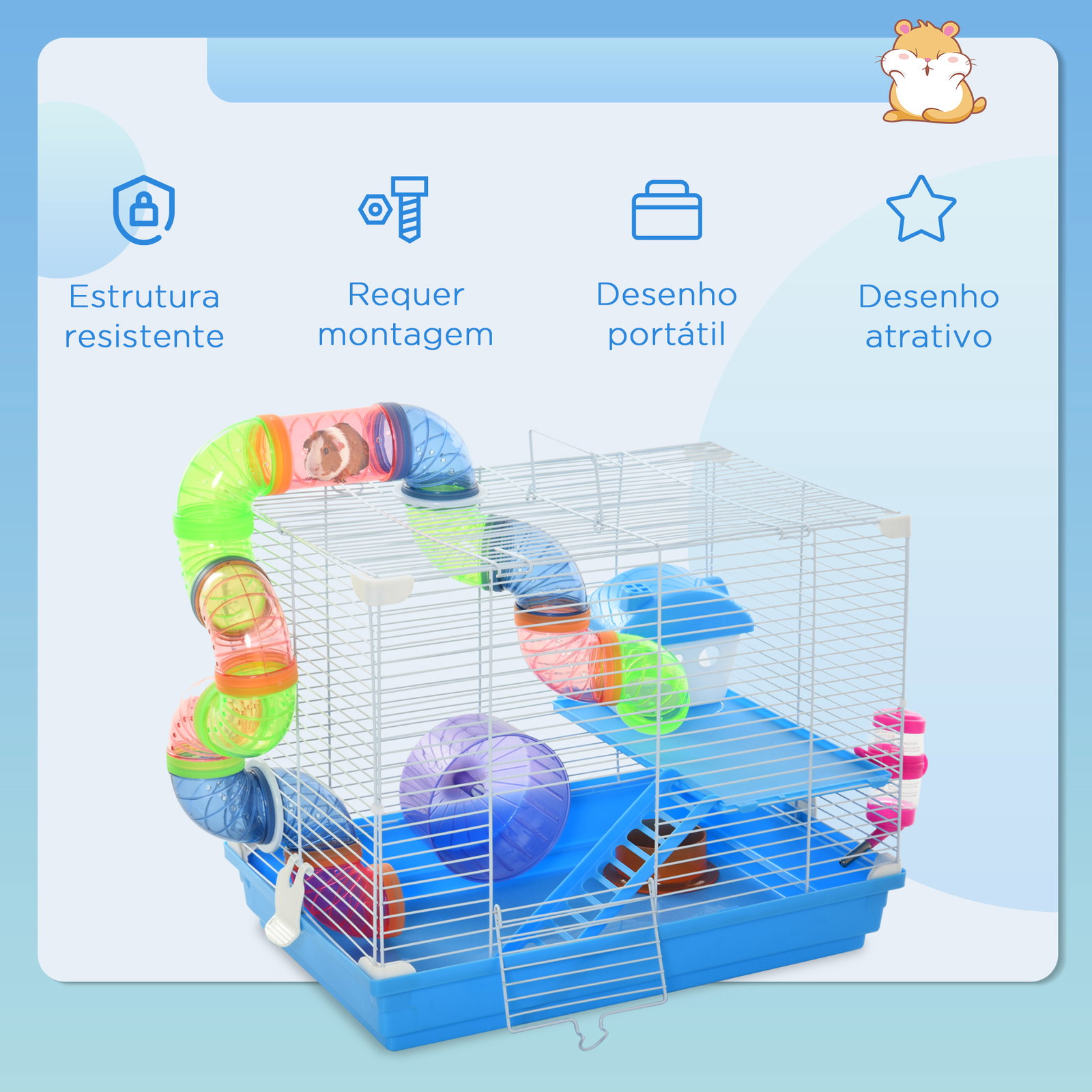 Gaiola para hamster, casa para hamster com túnel, comedouro, bebedouro, casinha, rampa, roda de exercício, plataforma e alça, bandeja removível, para ratos e gerbos, 46x30x37 cm, azul