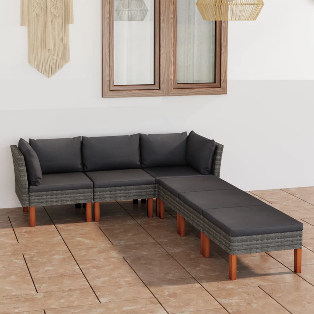 6 Pcs conjunto lounge de jardim c/ almofadões vime PE cinzento