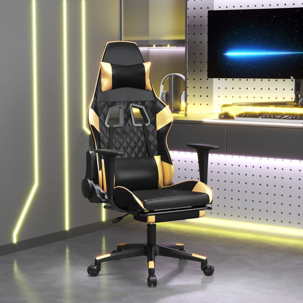 Cadeira gaming massagens c/ apoio pés couro artif. ouro/preto