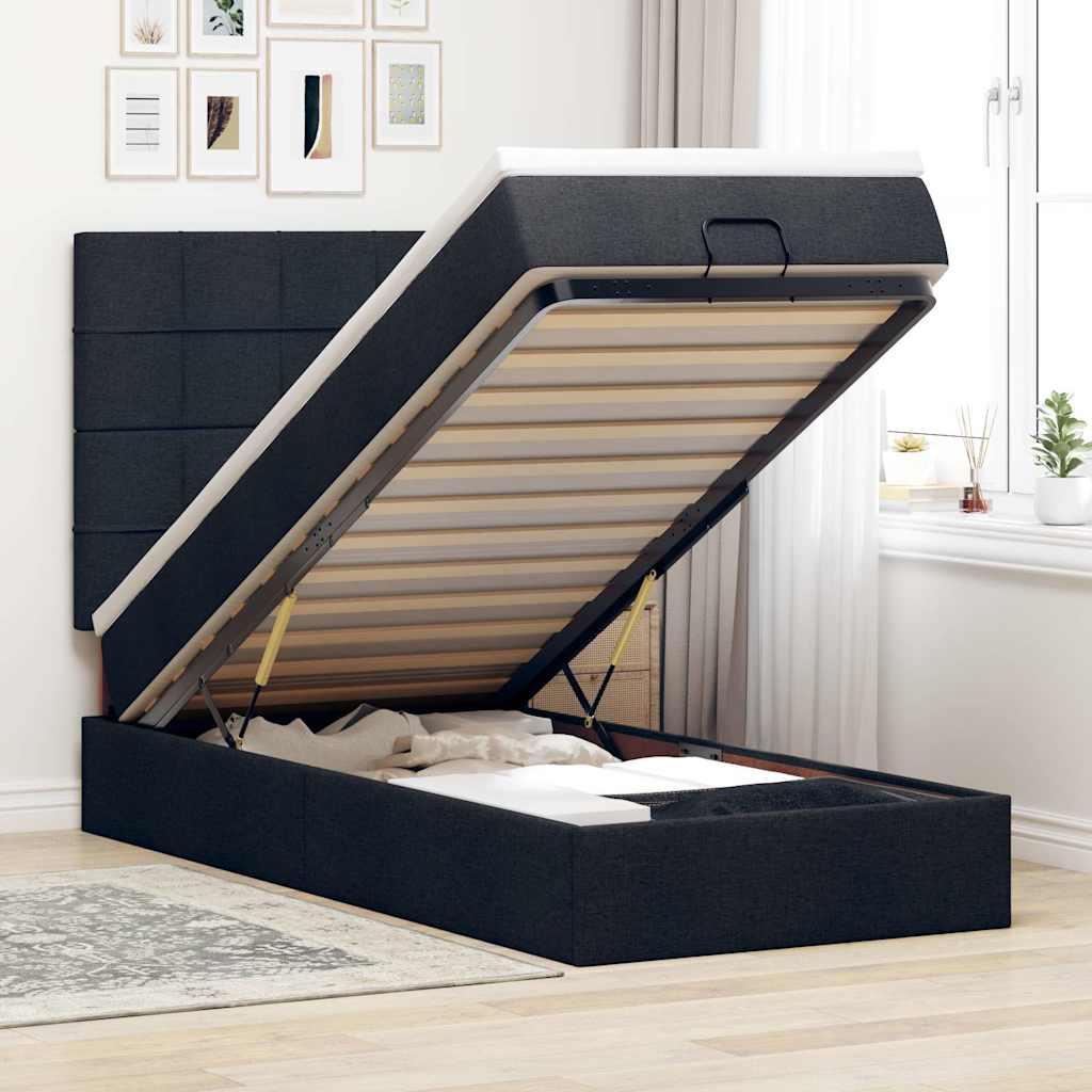 Cama otomana com colchão 100x200 cm tecido preto