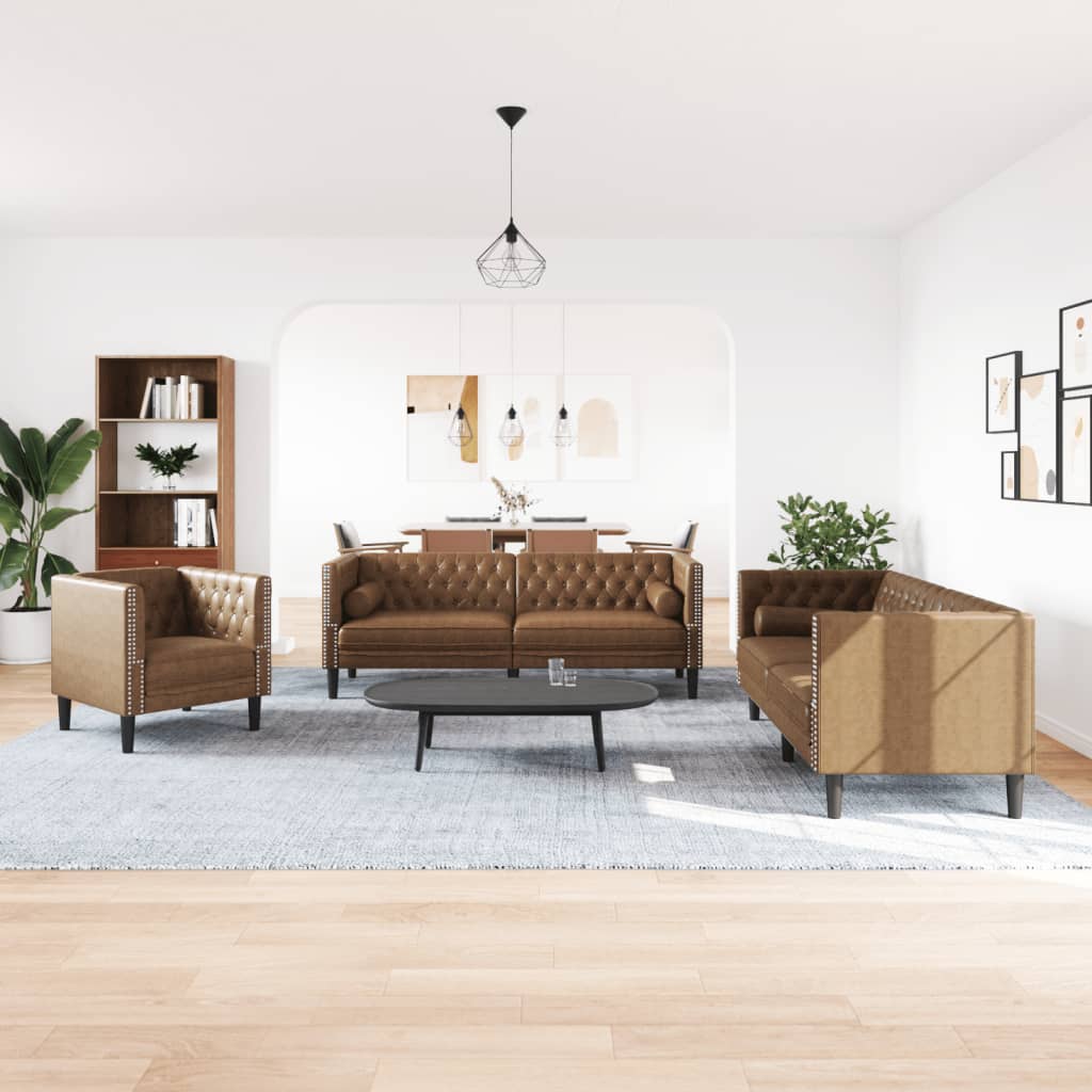 3 Pcs conj. sofás chesterfield c/ rolos camurça artif. castanho