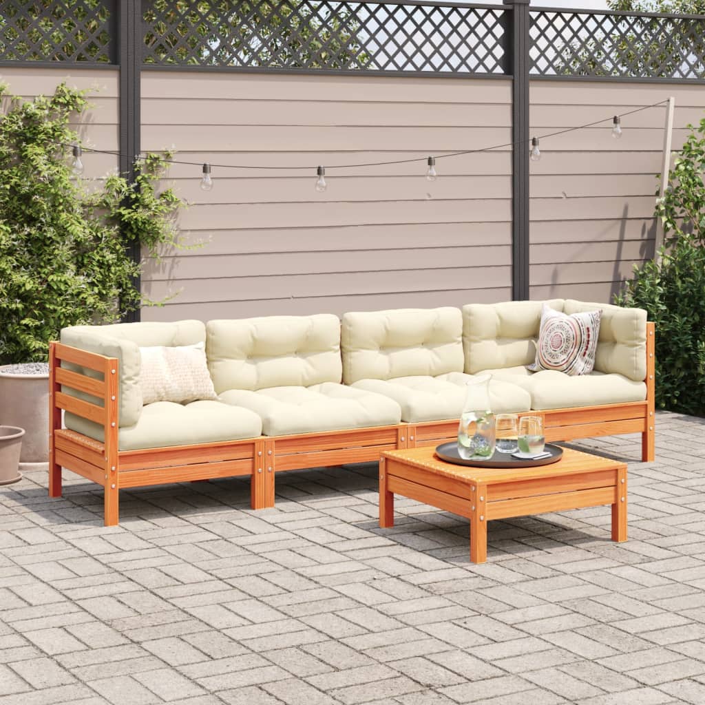 5Pcs conj. sofás jardim + almofadões pinho maciço castanho-mel