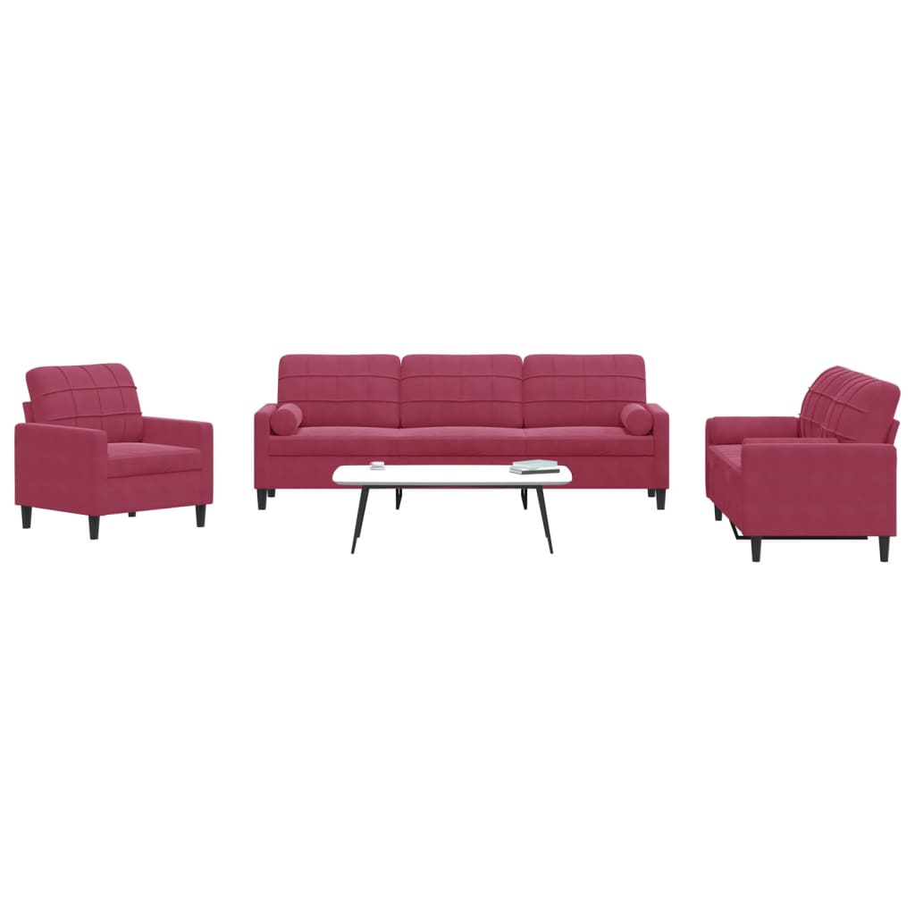 3Pcs conjunto sofás c/ almofadões e rolos veludo vermelho tinto