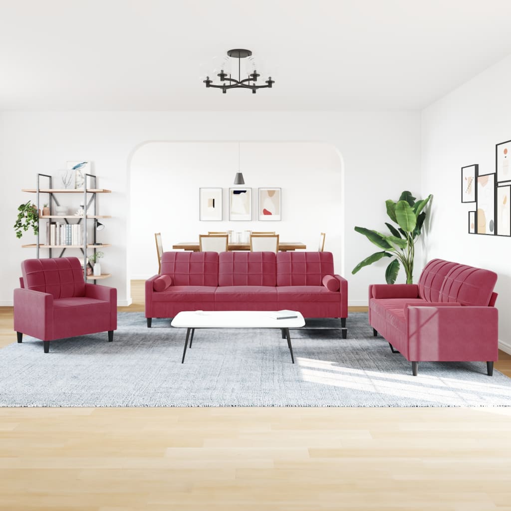 3Pcs conjunto sofás c/ almofadões e rolos veludo vermelho tinto