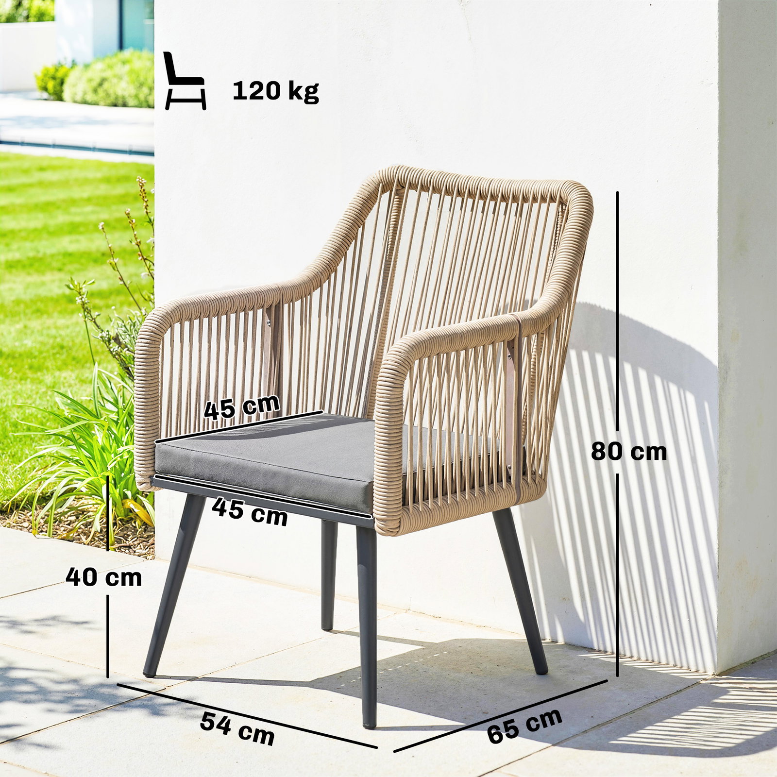 Conjunto de 2 cadeiras de jardim exterior em vime com almofadas apoios de braço e estrutura de aço 54x65x80 cm cinza