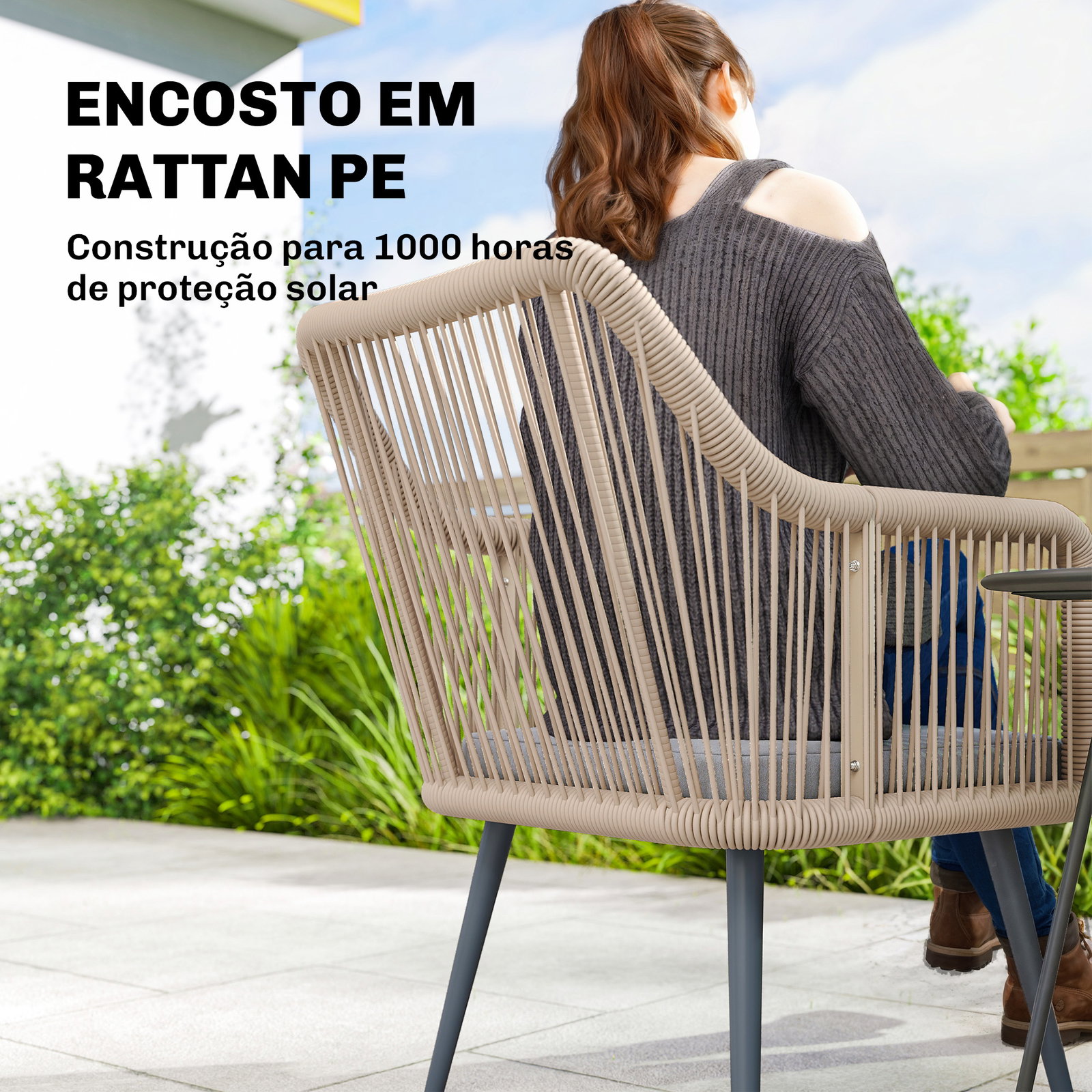 Conjunto de 2 cadeiras de jardim exterior em vime com almofadas apoios de braço e estrutura de aço 54x65x80 cm cinza