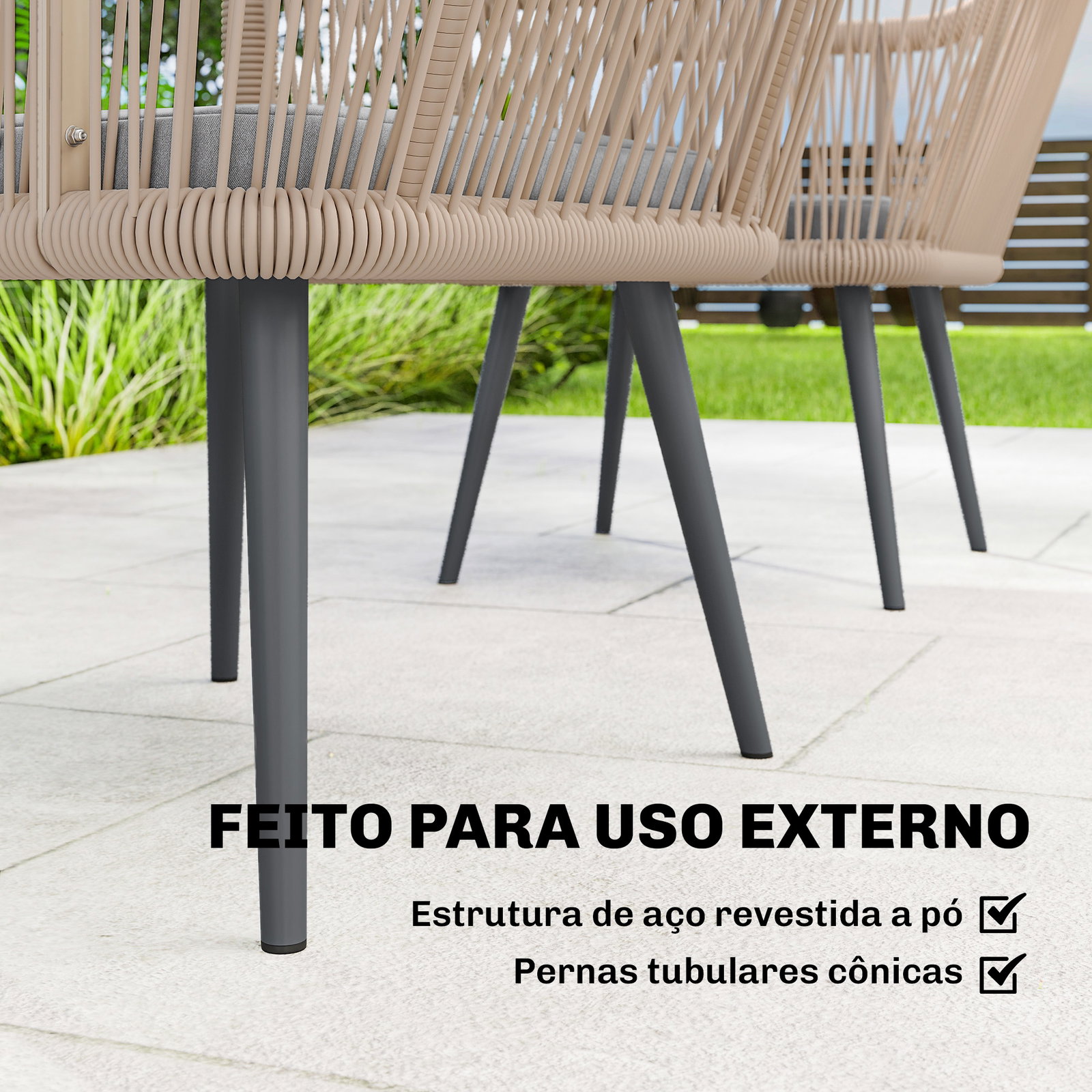 Conjunto de 2 cadeiras de jardim exterior em vime com almofadas apoios de braço e estrutura de aço 54x65x80 cm cinza