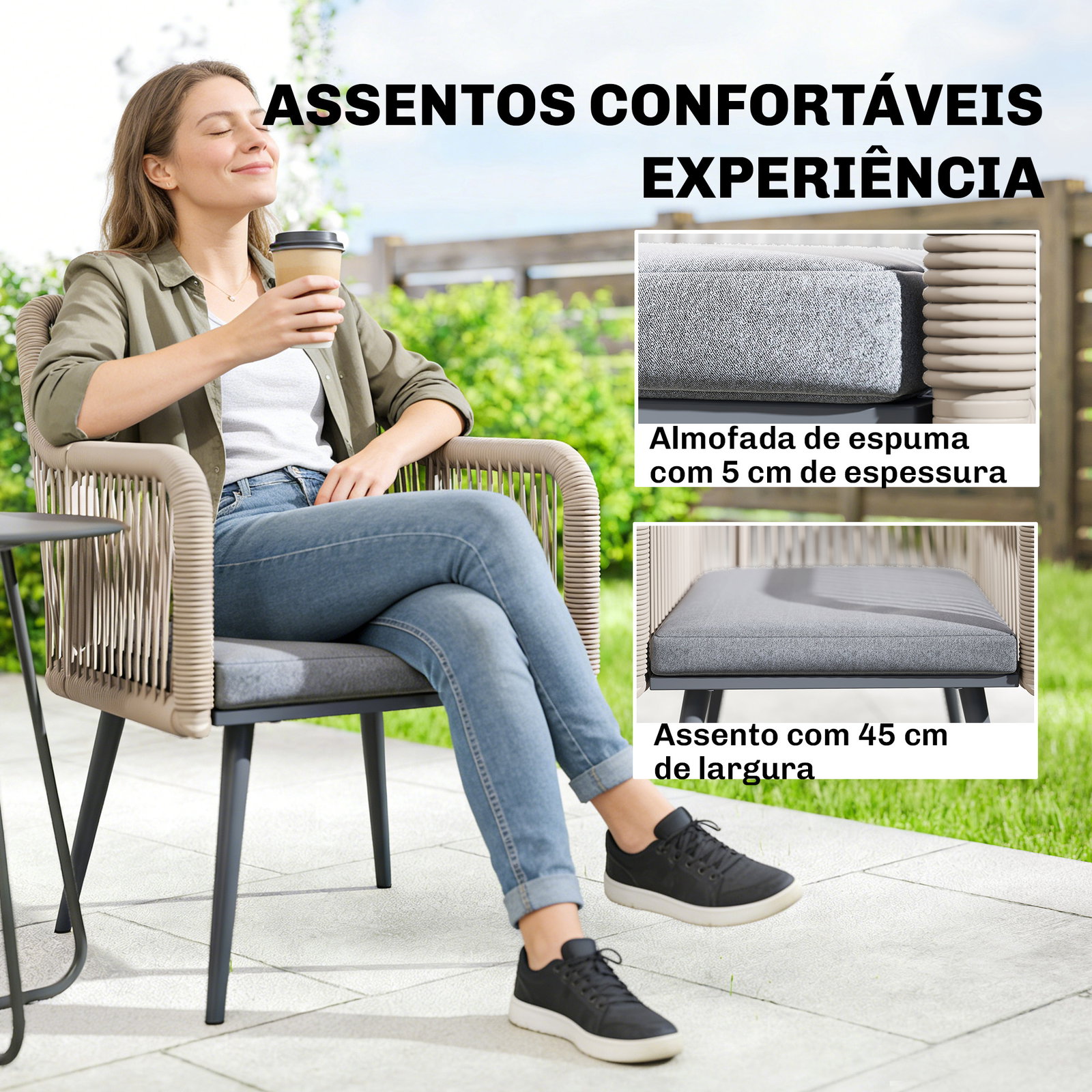 Conjunto de 2 cadeiras de jardim exterior em vime com almofadas apoios de braço e estrutura de aço 54x65x80 cm cinza