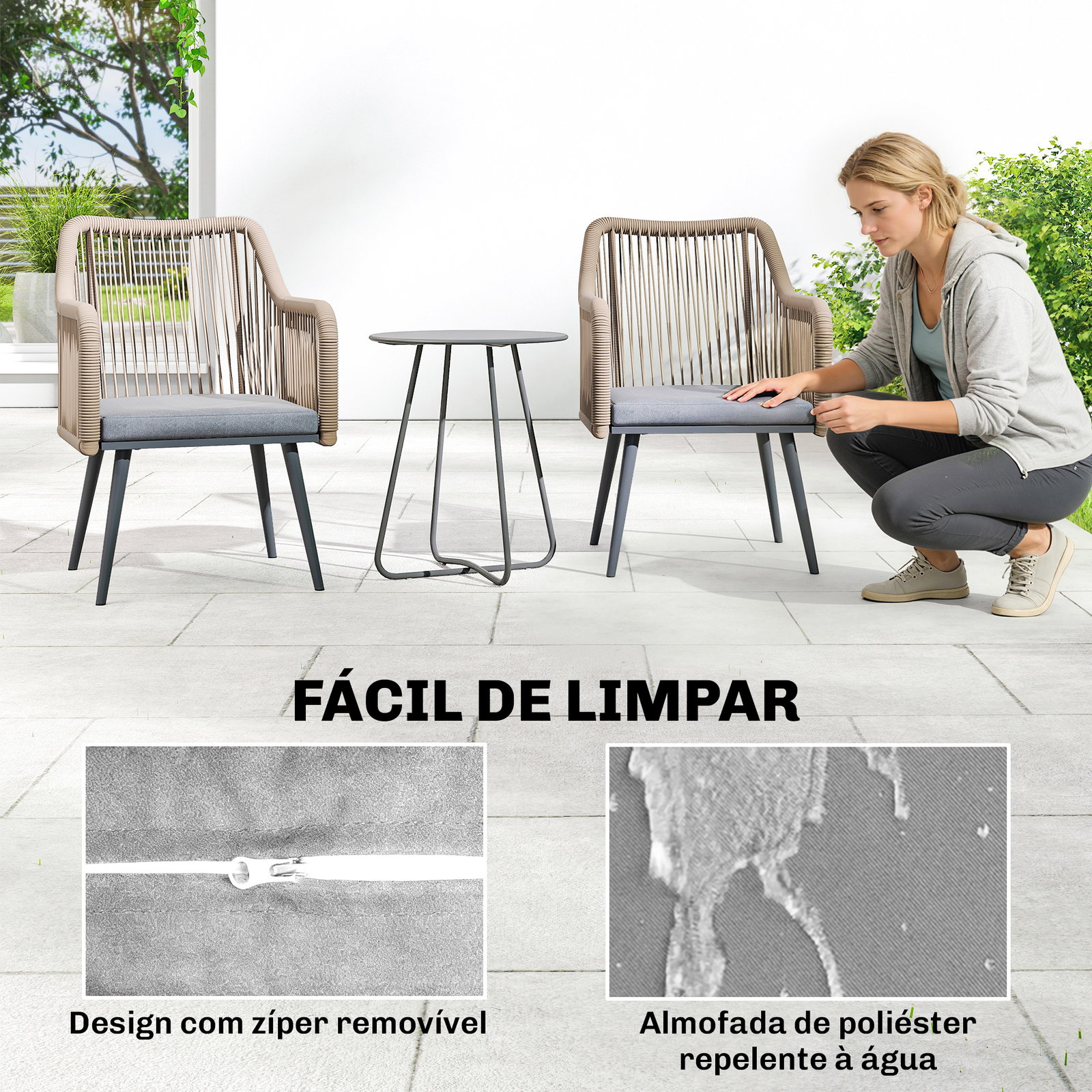 Conjunto de 2 cadeiras de jardim exterior em vime com almofadas apoios de braço e estrutura de aço 54x65x80 cm cinza