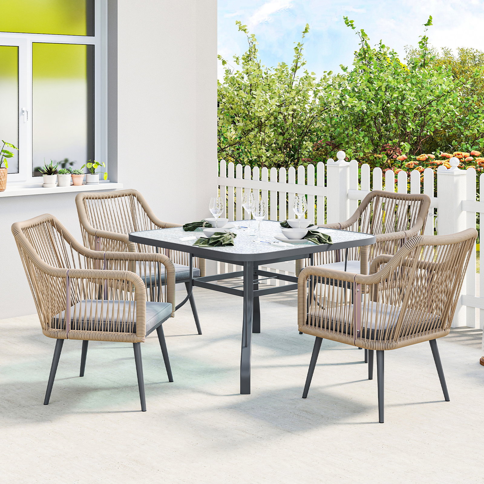 Conjunto de 2 cadeiras de jardim exterior em vime com almofadas apoios de braço e estrutura de aço 54x65x80 cm cinza
