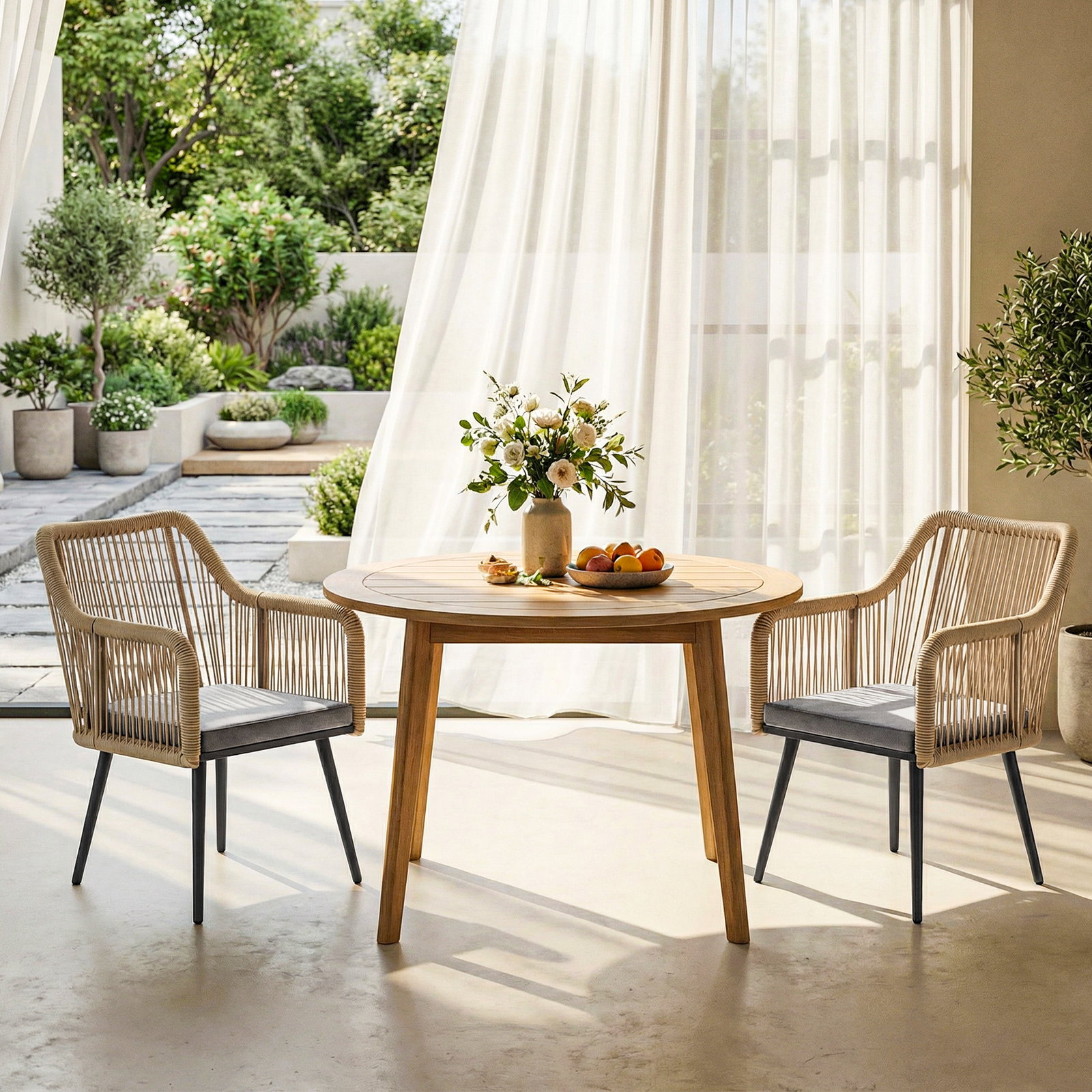 Conjunto de 2 cadeiras de jardim exterior em vime com almofadas apoios de braço e estrutura de aço 54x65x80 cm cinza