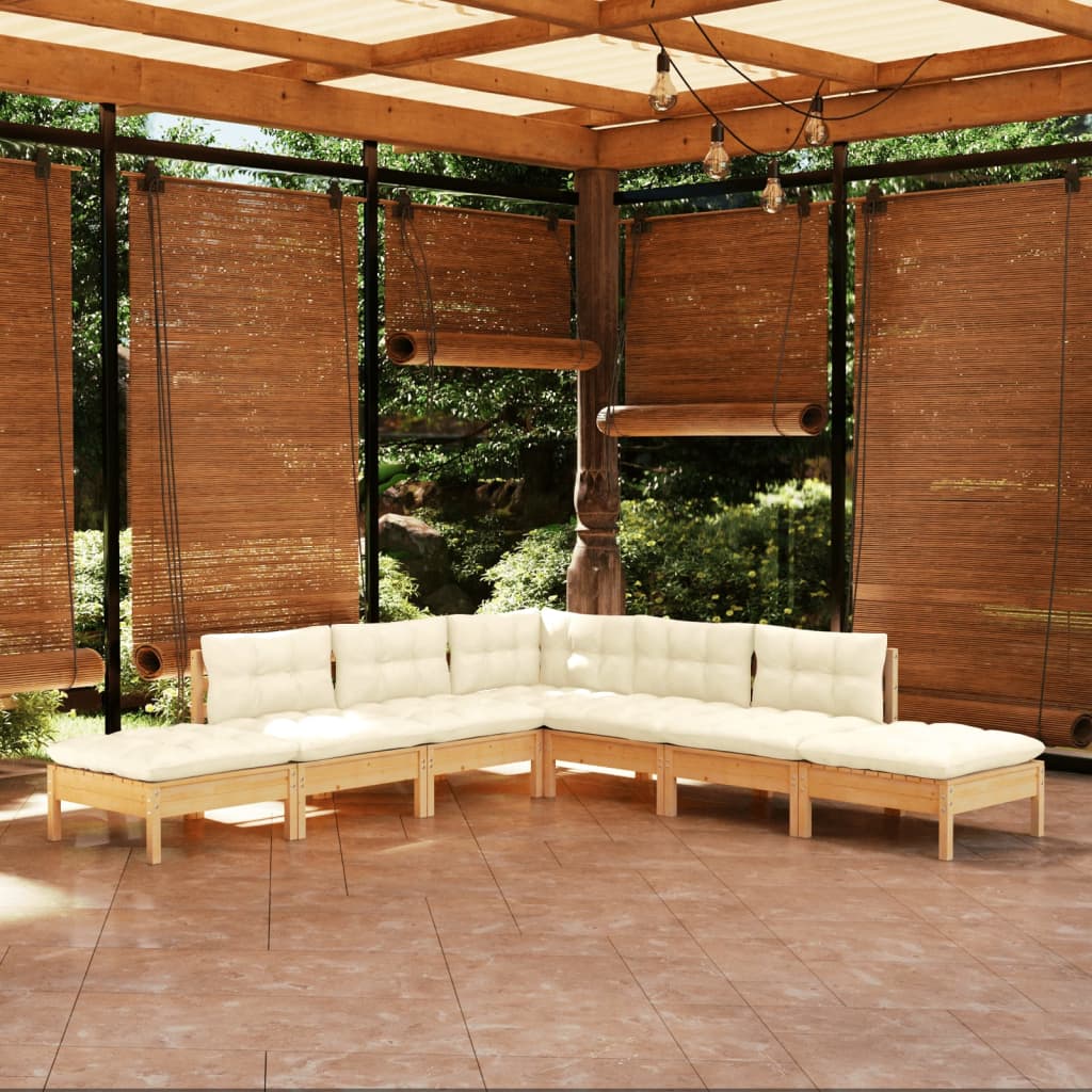 7 Pcs conjunto lounge de jardim c/ almofadões cor creme pinho