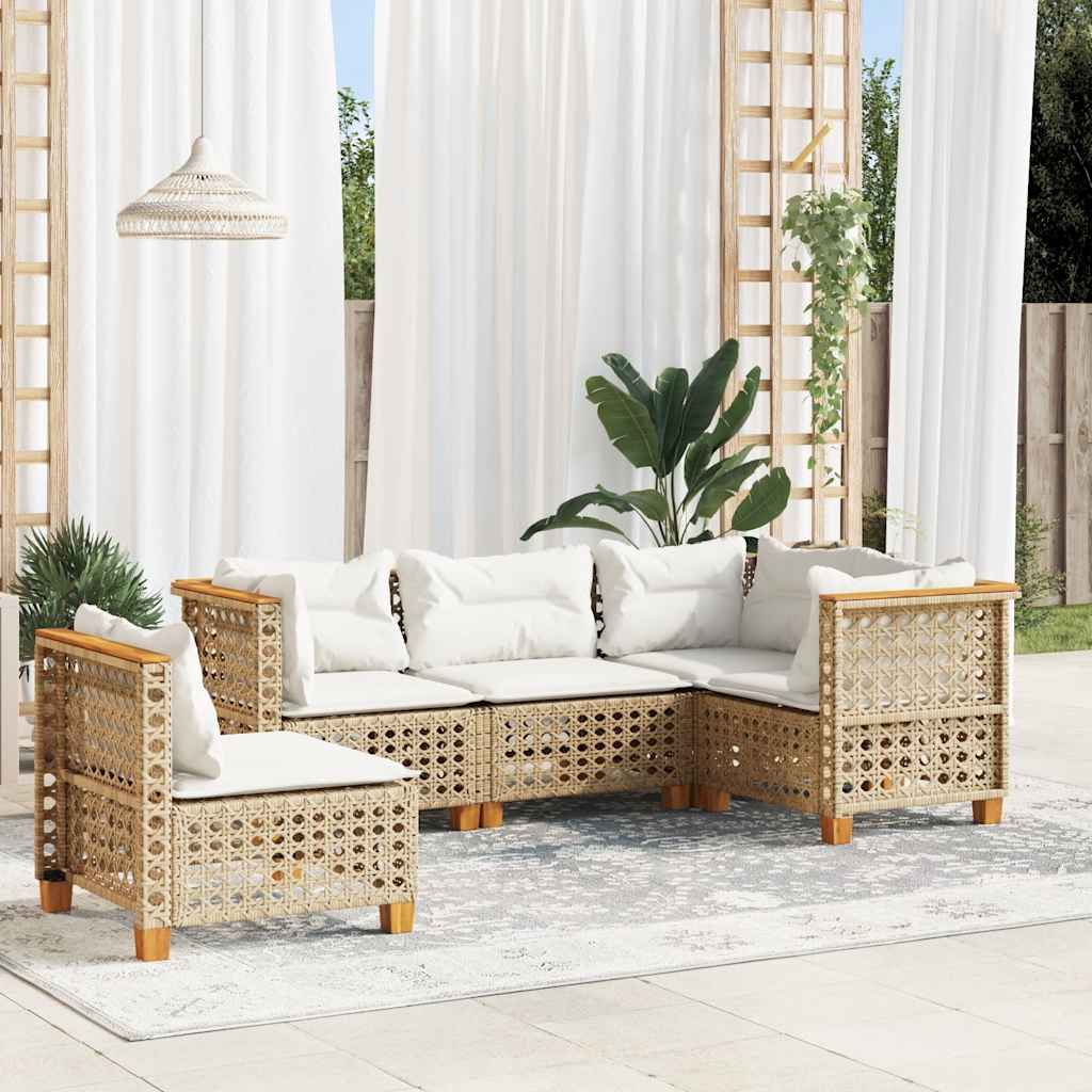 5 Pcs conjunto de sofás p/ jardim com almofadões vime PE bege
