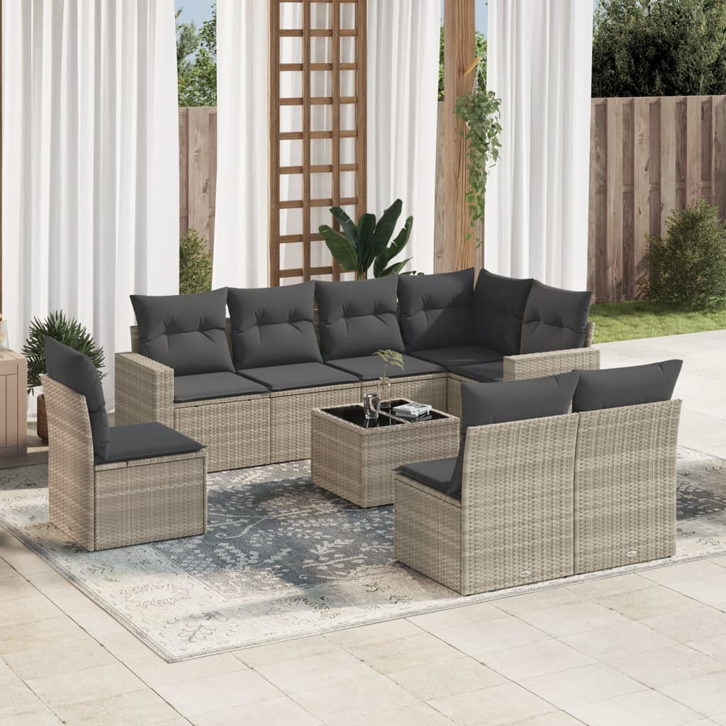 9 Pcs conj. sofás jardim com almofadões vime PE cinzento-claro
