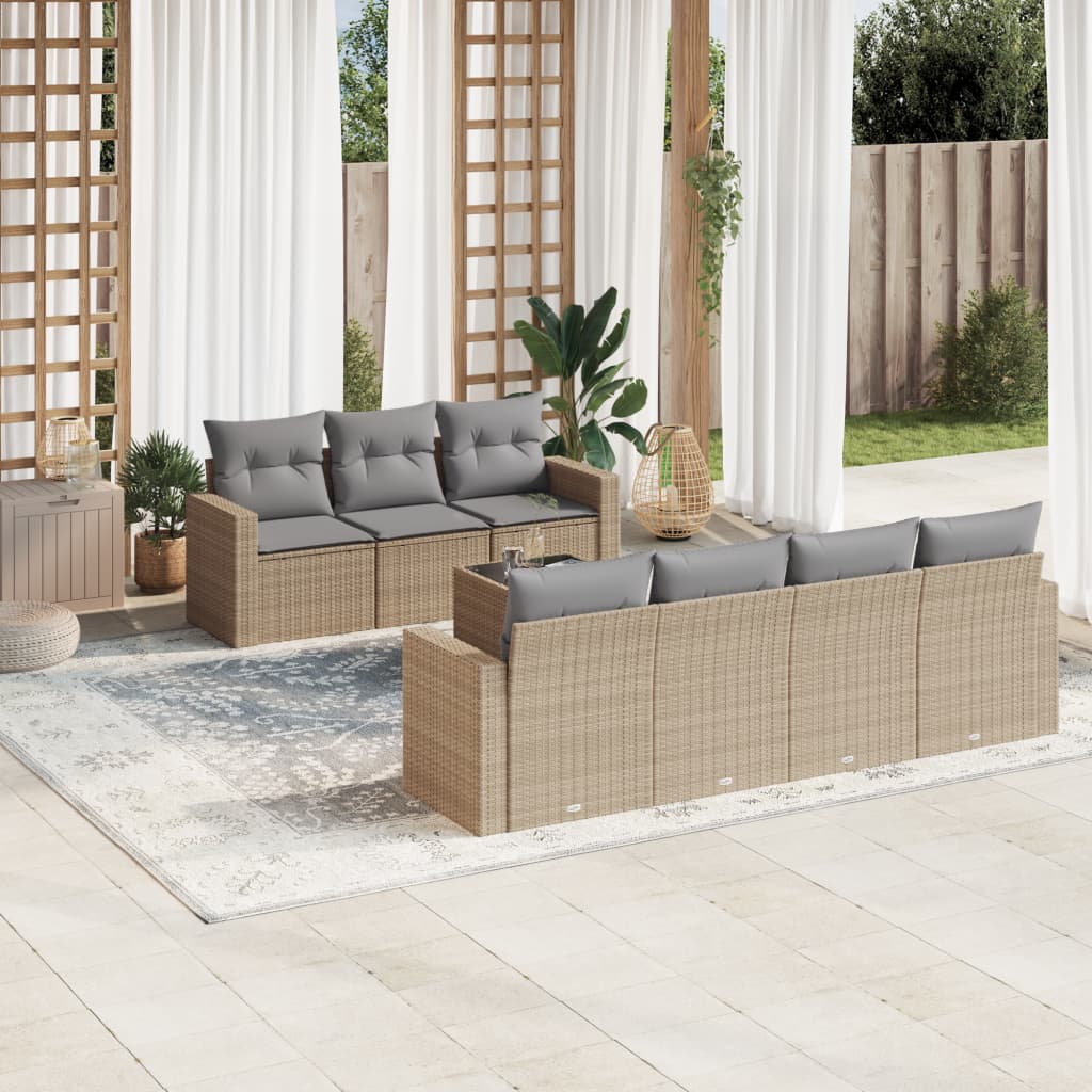 8 Pcs conjunto de sofás p/ jardim com almofadões vime PE bege