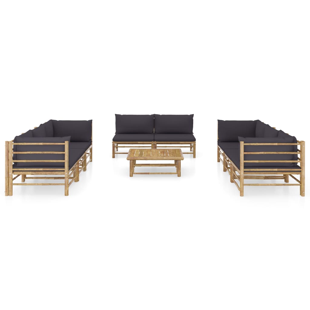 9 Pcs conj. lounge jardim em bambu c/ almofadões cinza-escuro