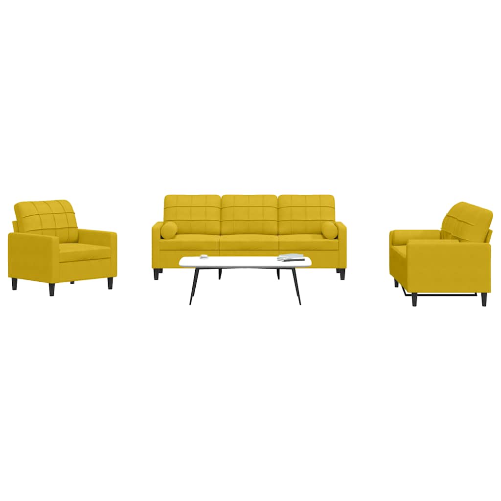 3 Pcs conjunto de sofás com almofadões e rolos veludo amarelo