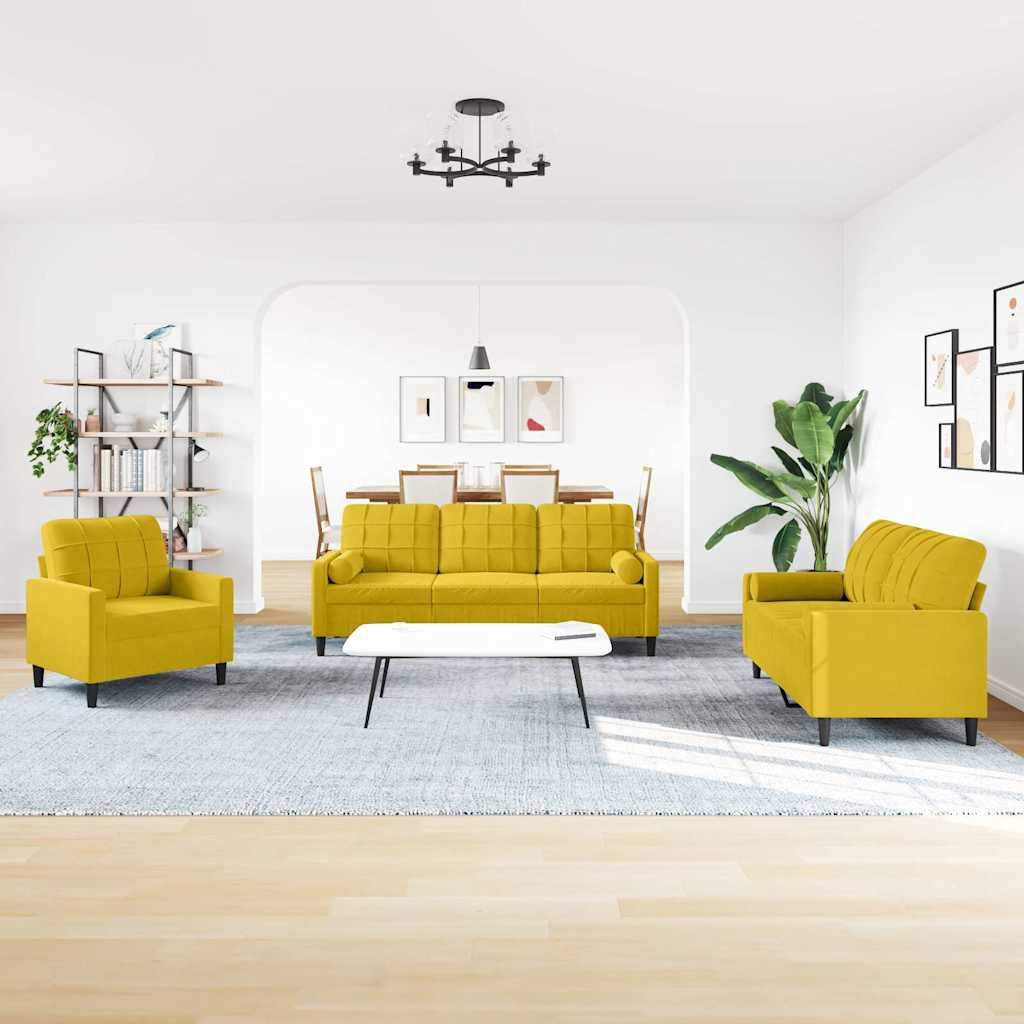3 Pcs conjunto de sofás com almofadões e rolos veludo amarelo