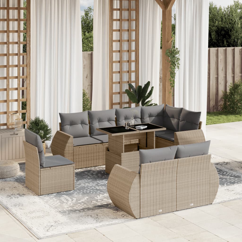 9 Pcs conjunto de sofás p/ jardim com almofadões vime PE bege