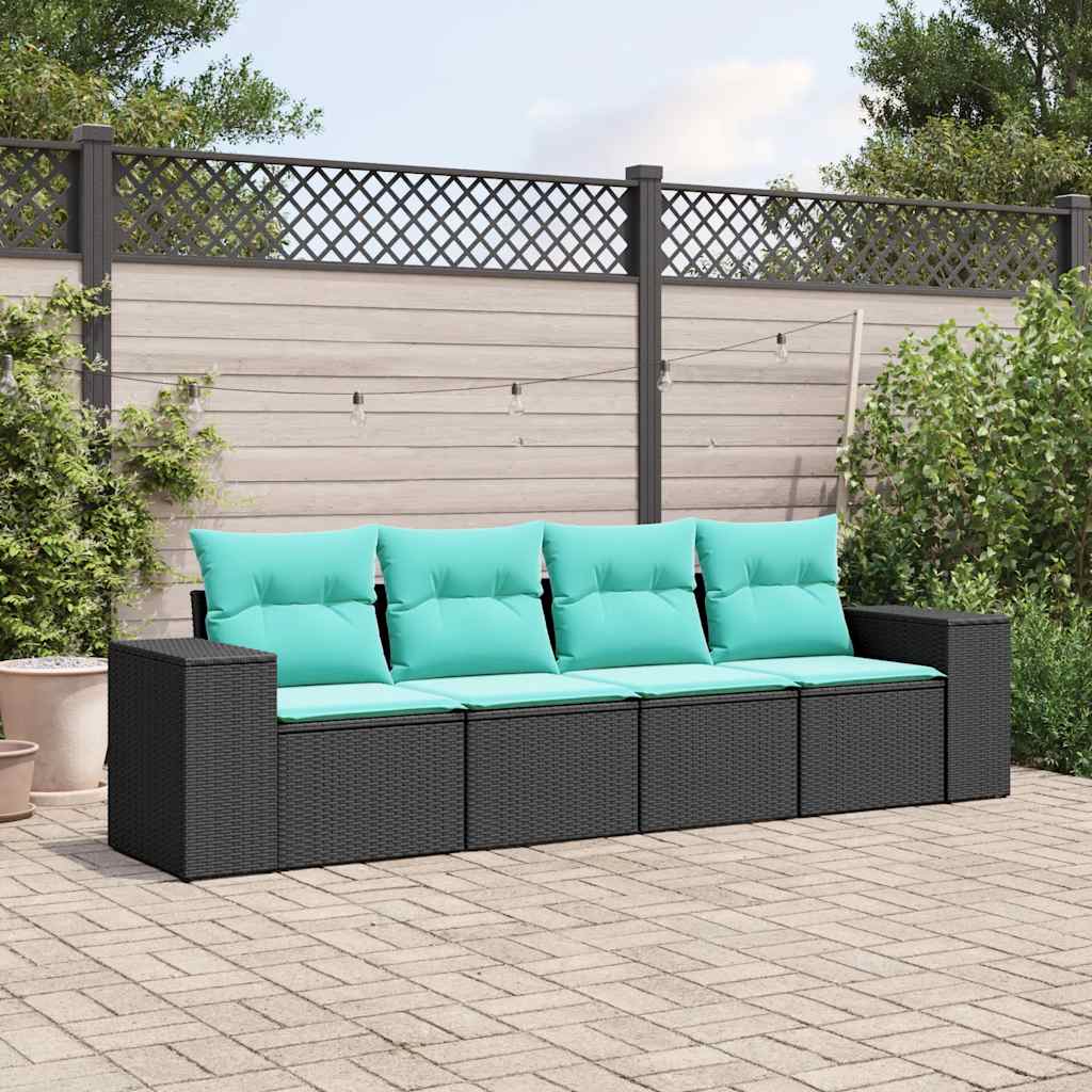 Conjunto de sofá de jardim com 4 peças e almofadas em rattan sintético preto