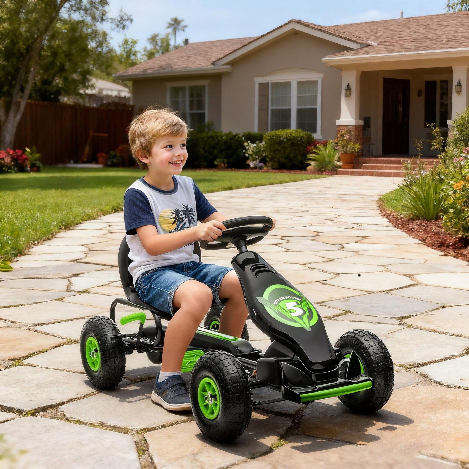 Kart a pedais para crianças 5-12 anos com assento ajustável pneus insufláveis amortecimento e travão de mão 121x58x61 cm verde