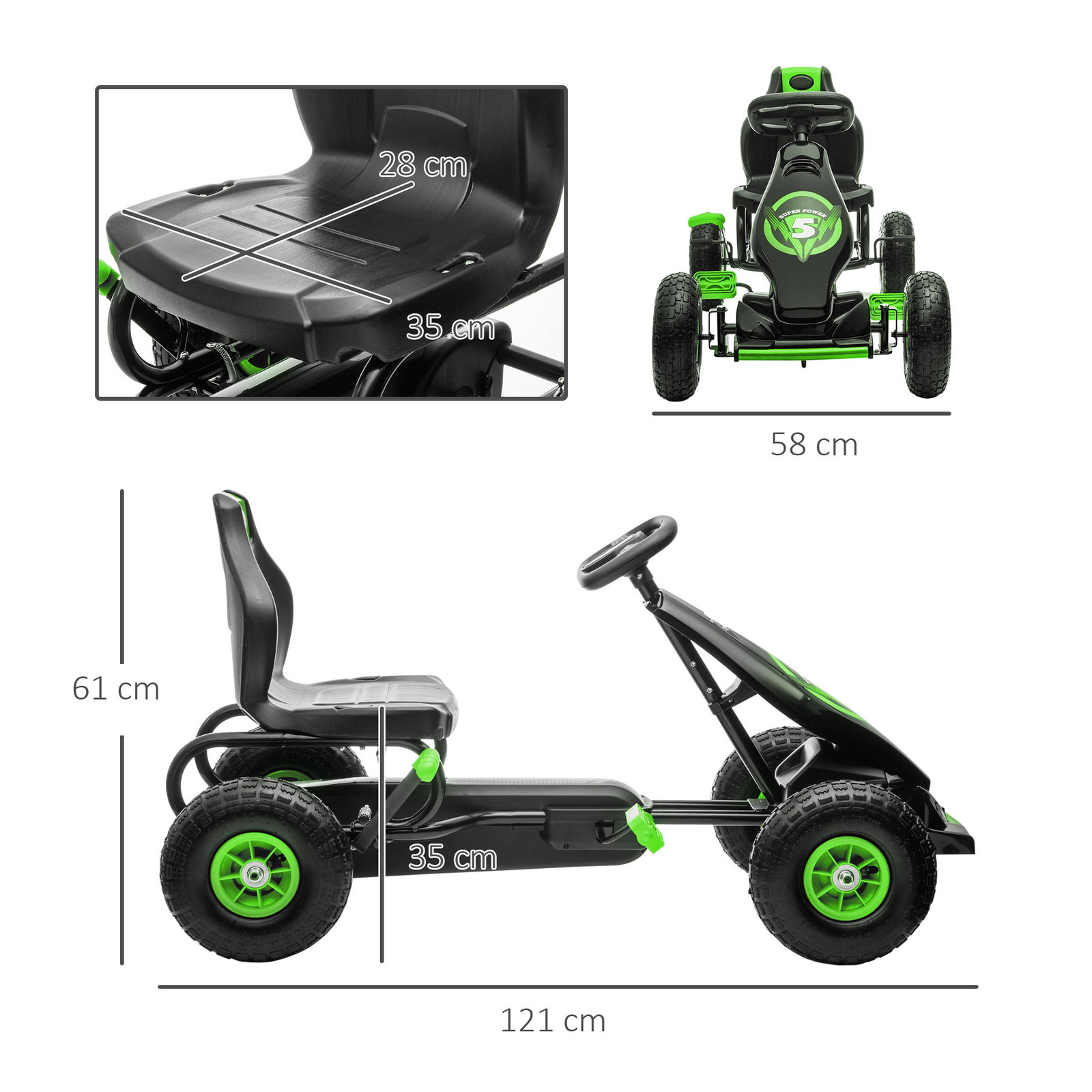 Kart a pedais para crianças 5-12 anos com assento ajustável pneus insufláveis amortecimento e travão de mão 121x58x61 cm verde