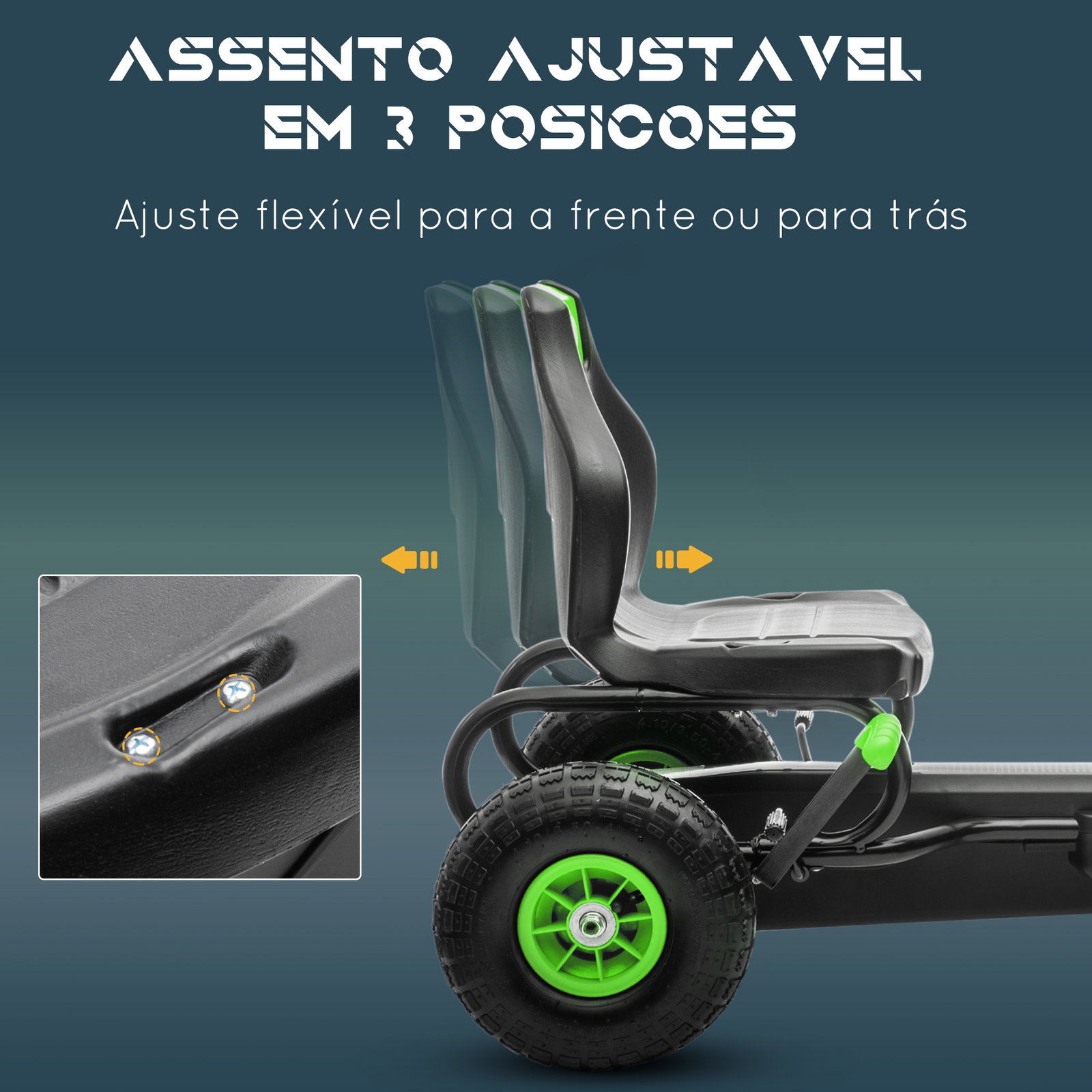 Kart a pedais para crianças 5-12 anos com assento ajustável pneus insufláveis amortecimento e travão de mão 121x58x61 cm verde