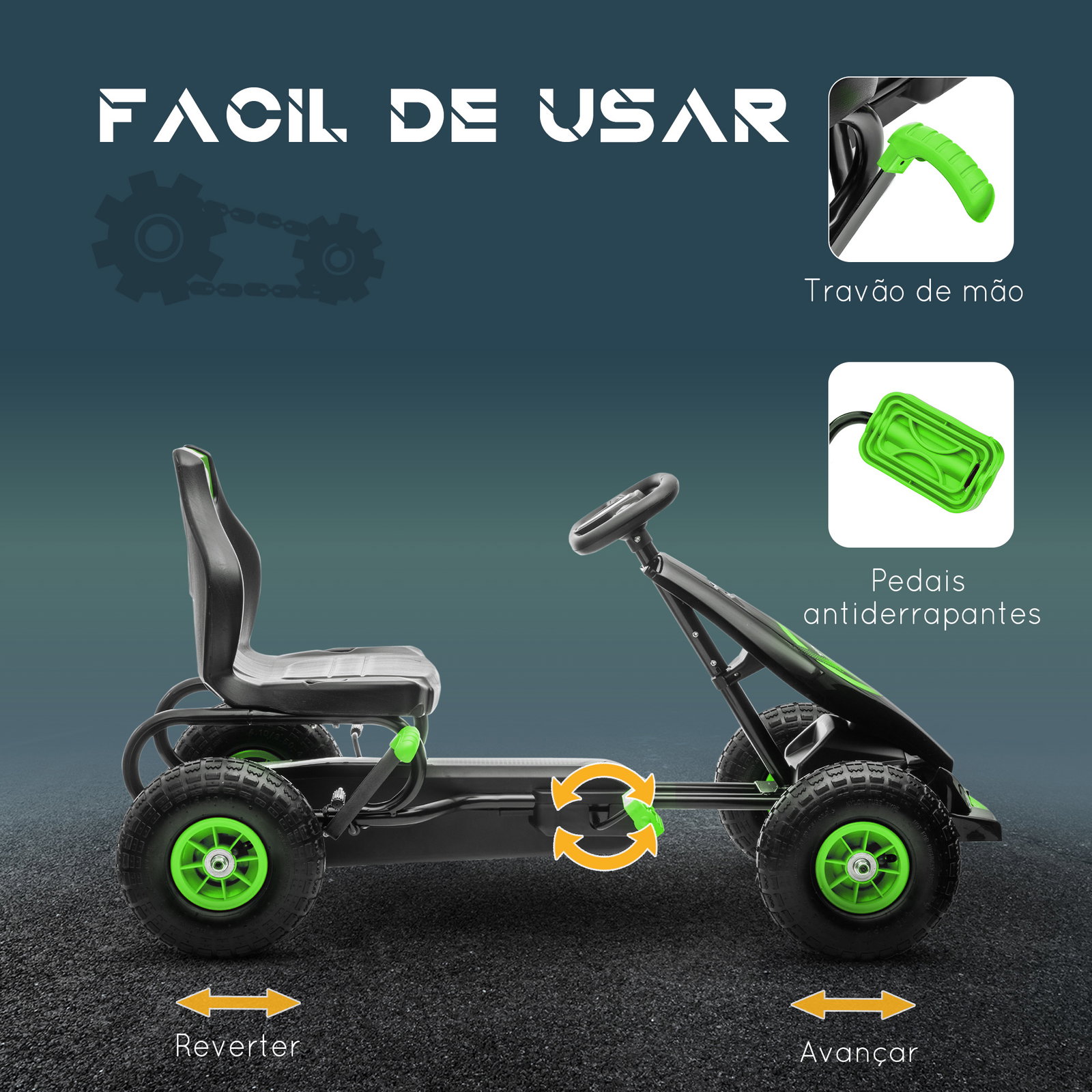 Kart a pedais para crianças 5-12 anos com assento ajustável pneus insufláveis amortecimento e travão de mão 121x58x61 cm verde