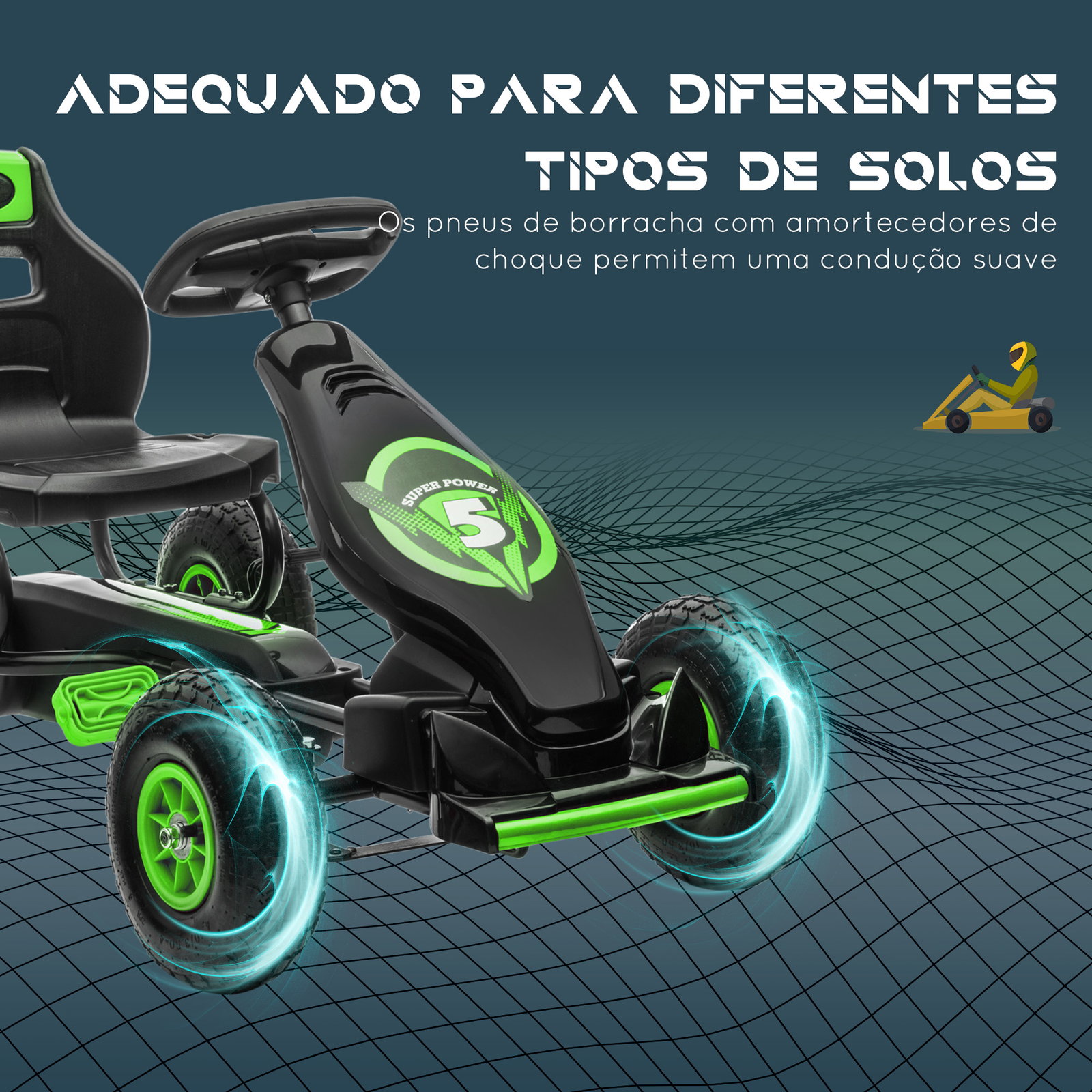 Kart a pedais para crianças 5-12 anos com assento ajustável pneus insufláveis amortecimento e travão de mão 121x58x61 cm verde