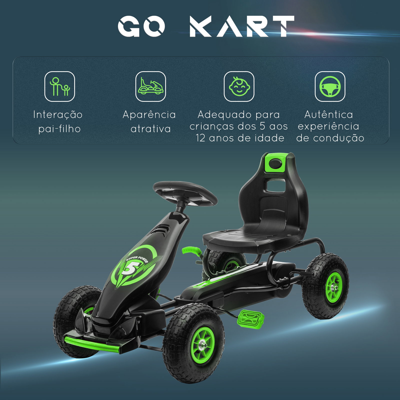 Kart a pedais para crianças 5-12 anos com assento ajustável pneus insufláveis amortecimento e travão de mão 121x58x61 cm verde