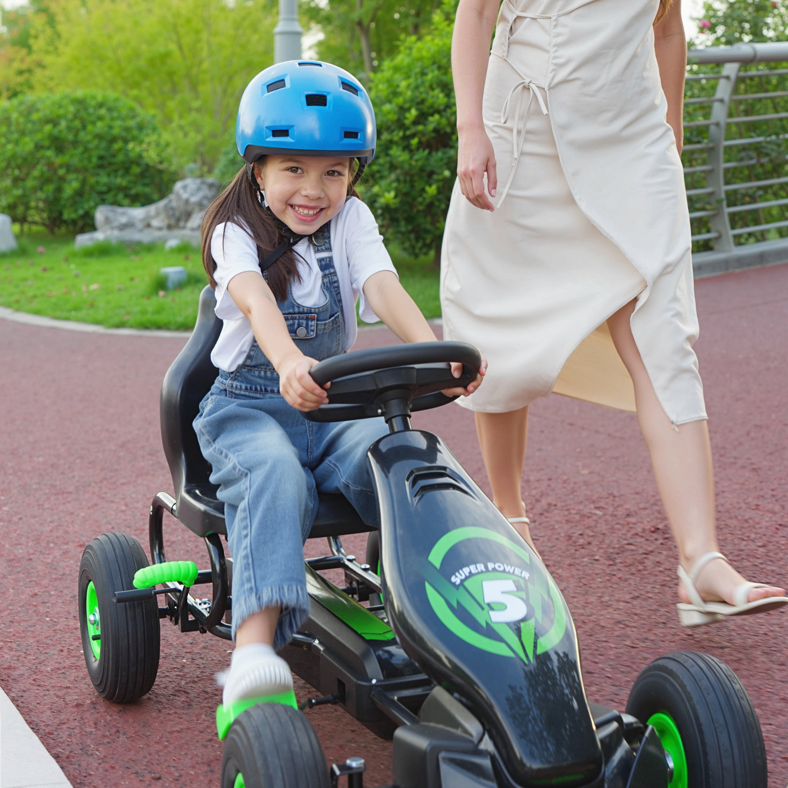 Kart a pedais para crianças 5-12 anos com assento ajustável pneus insufláveis amortecimento e travão de mão 121x58x61 cm verde