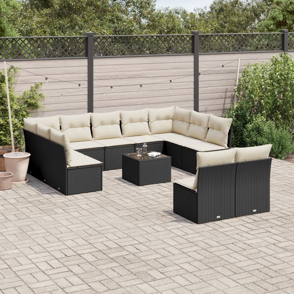 12 Pcs conjunto de sofás de jardim c/ almofadões vime PE preto