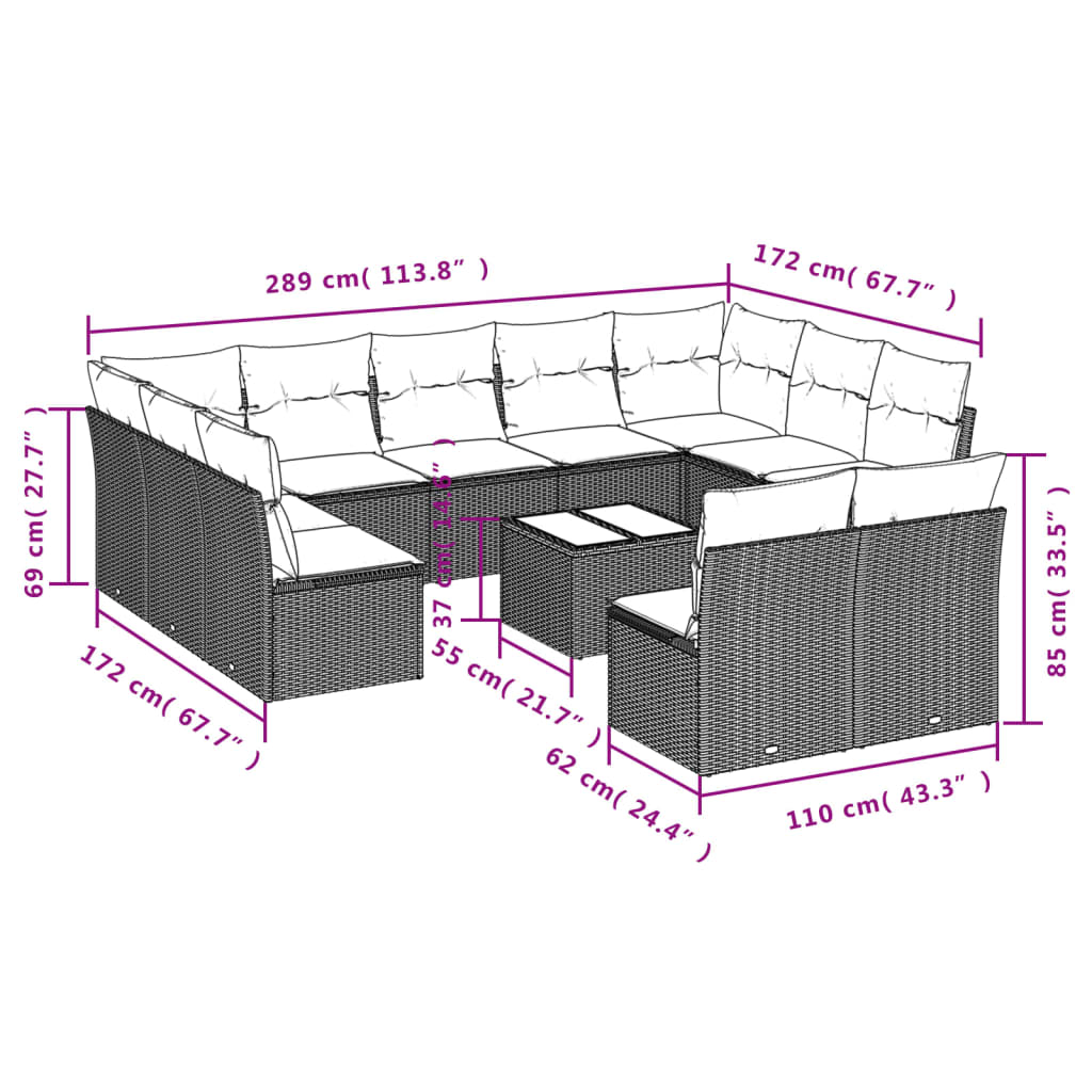 12 Pcs conjunto de sofás de jardim c/ almofadões vime PE preto