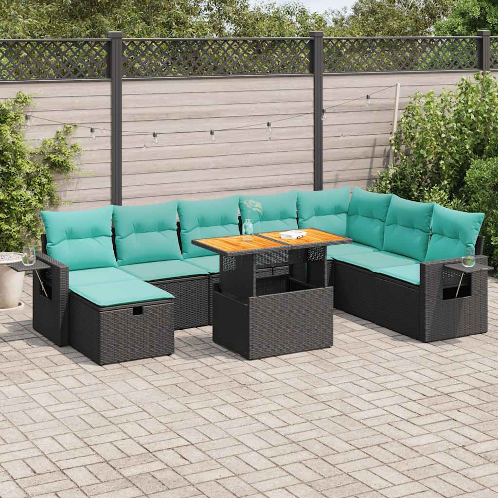 9 Pcs conjunto sofás p/ jardim almofadões vime PE/acácia preto