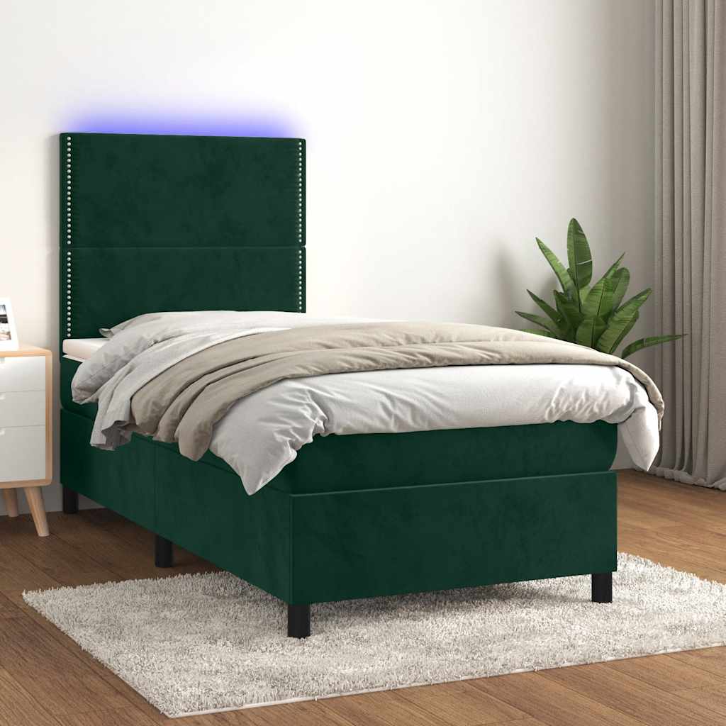 Cama box spring c/ colchão/LED 100x200 cm veludo verde-escuro