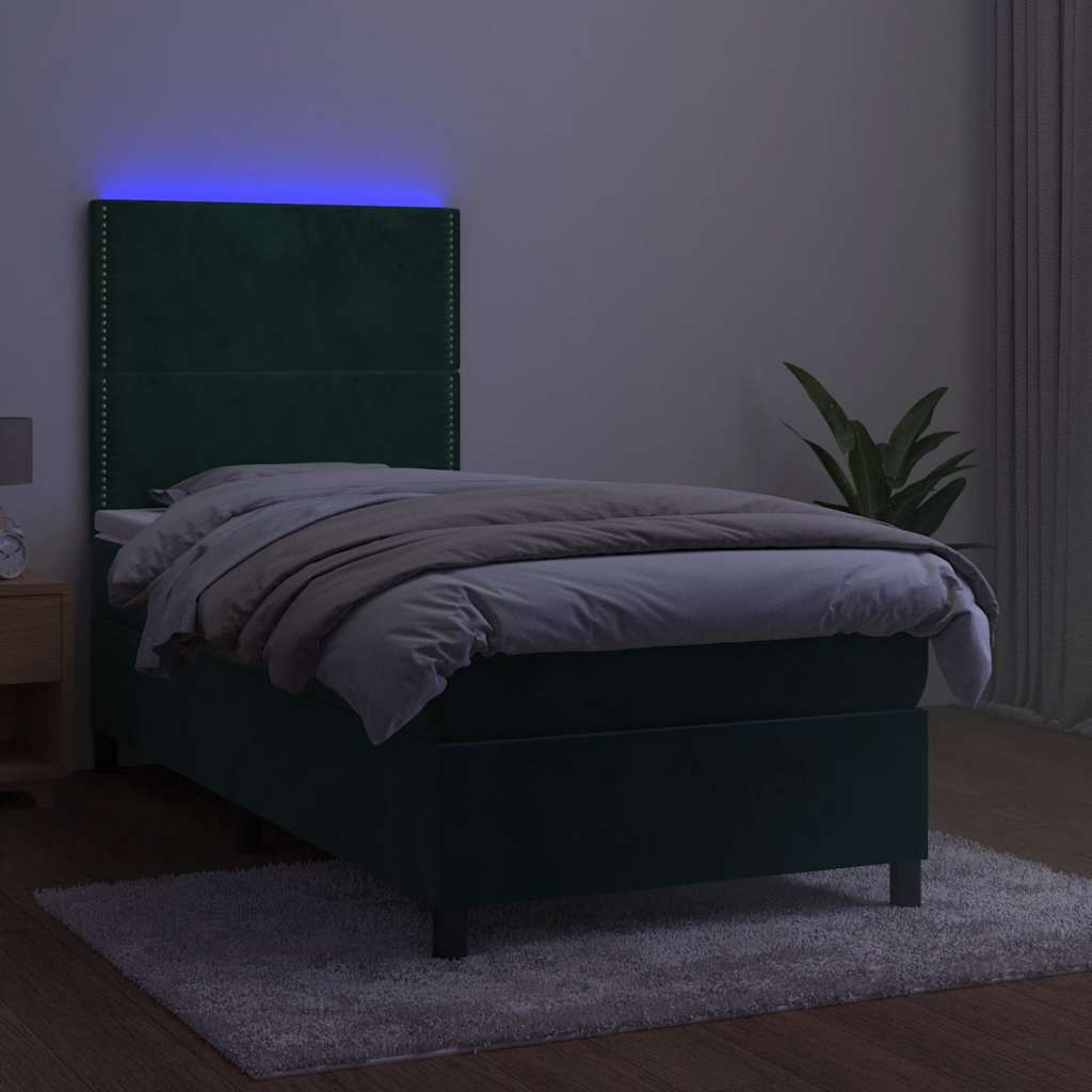 Cama box spring c/ colchão/LED 100x200 cm veludo verde-escuro