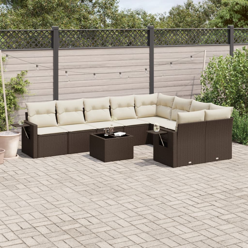 10 Pcs conj. sofás jardim com almofadões vime PE castanho