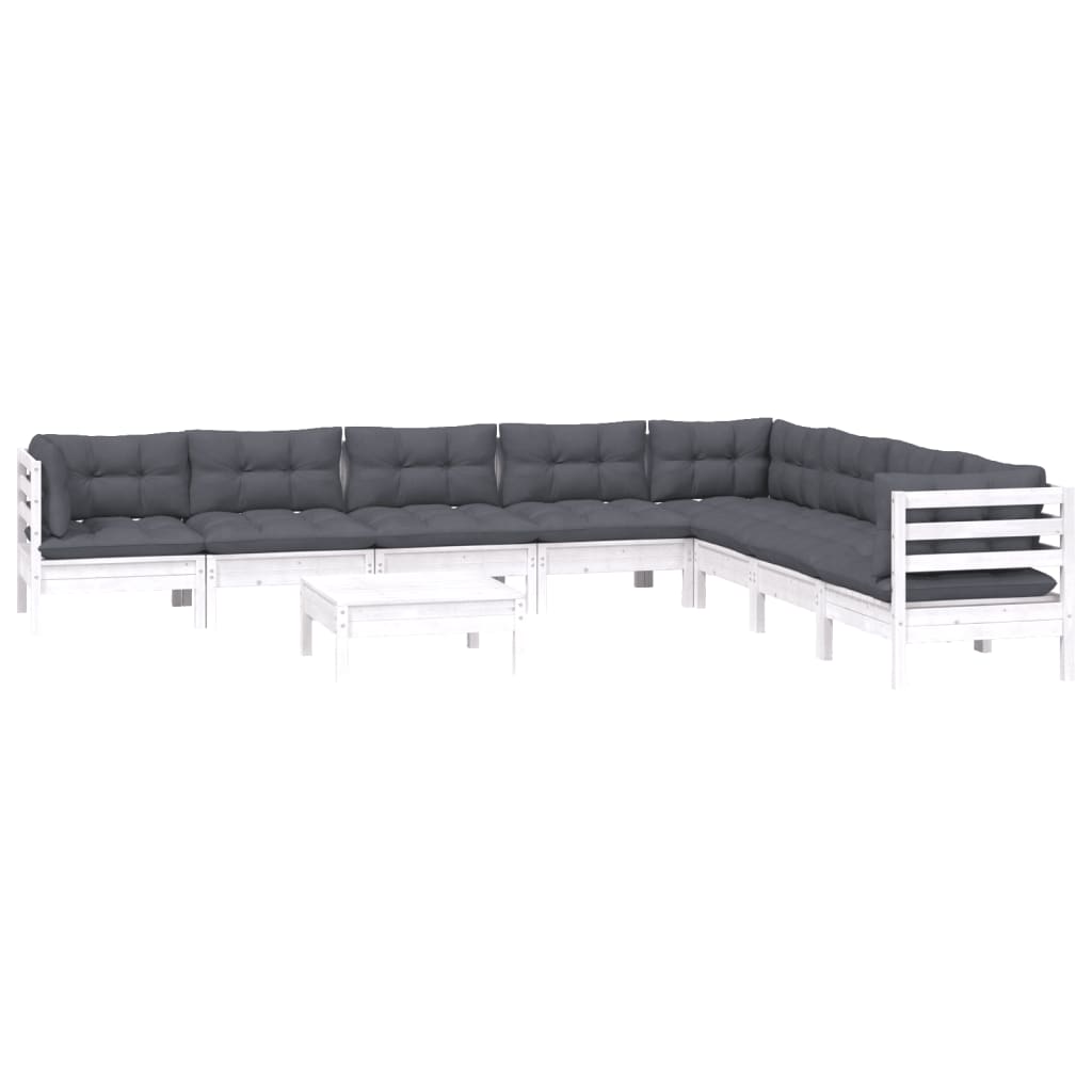 9 Pcs conj. lounge de jardim c/ almofadões pinho maciço branco