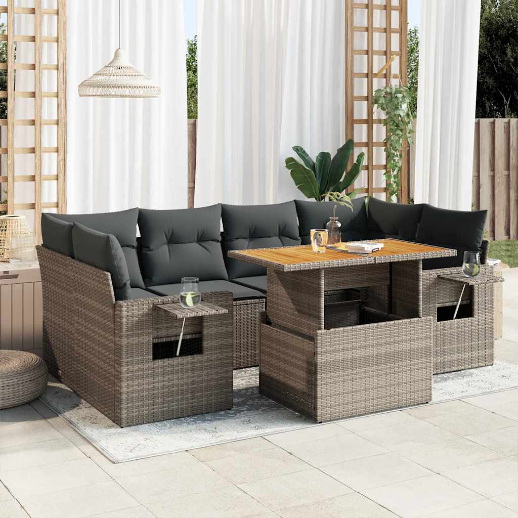 7 Pcs conjunto sofás p/ jardim c/ almofadões vime PE cinzento