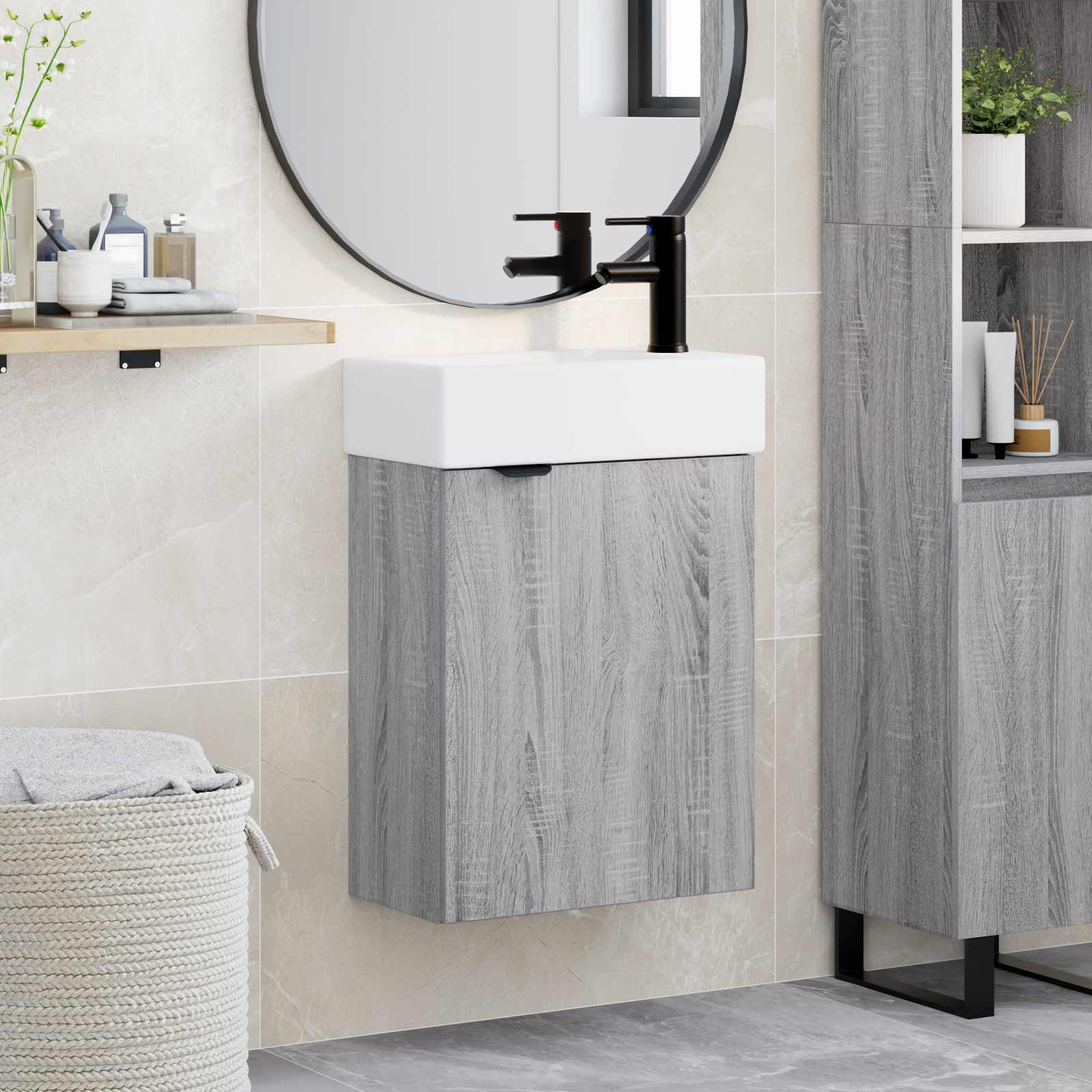 Conjunto de móveis de banheiro com torneira sonoma cinzento