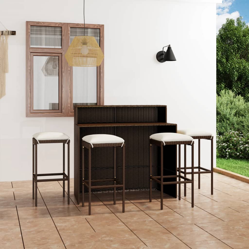 5 Pcs conjunto de bar para jardim com almofadões castanho
