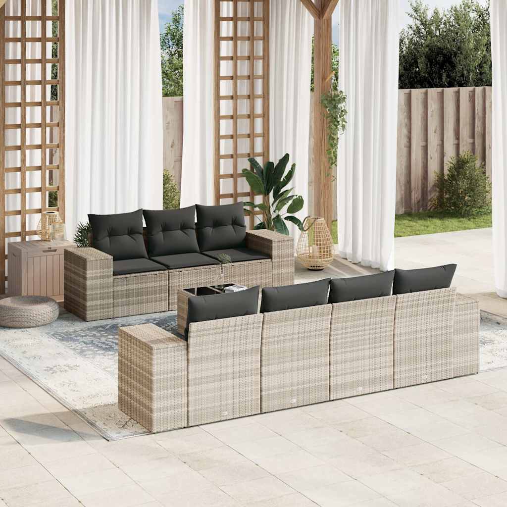 8 Pcs conj. sofás jardim c/ almofadões vime PE cinzento-claro
