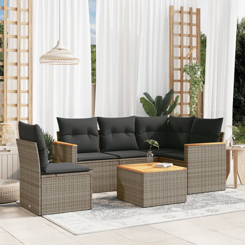 6 Pcs conjunto sofás de jardim com almofadões vime cinzento